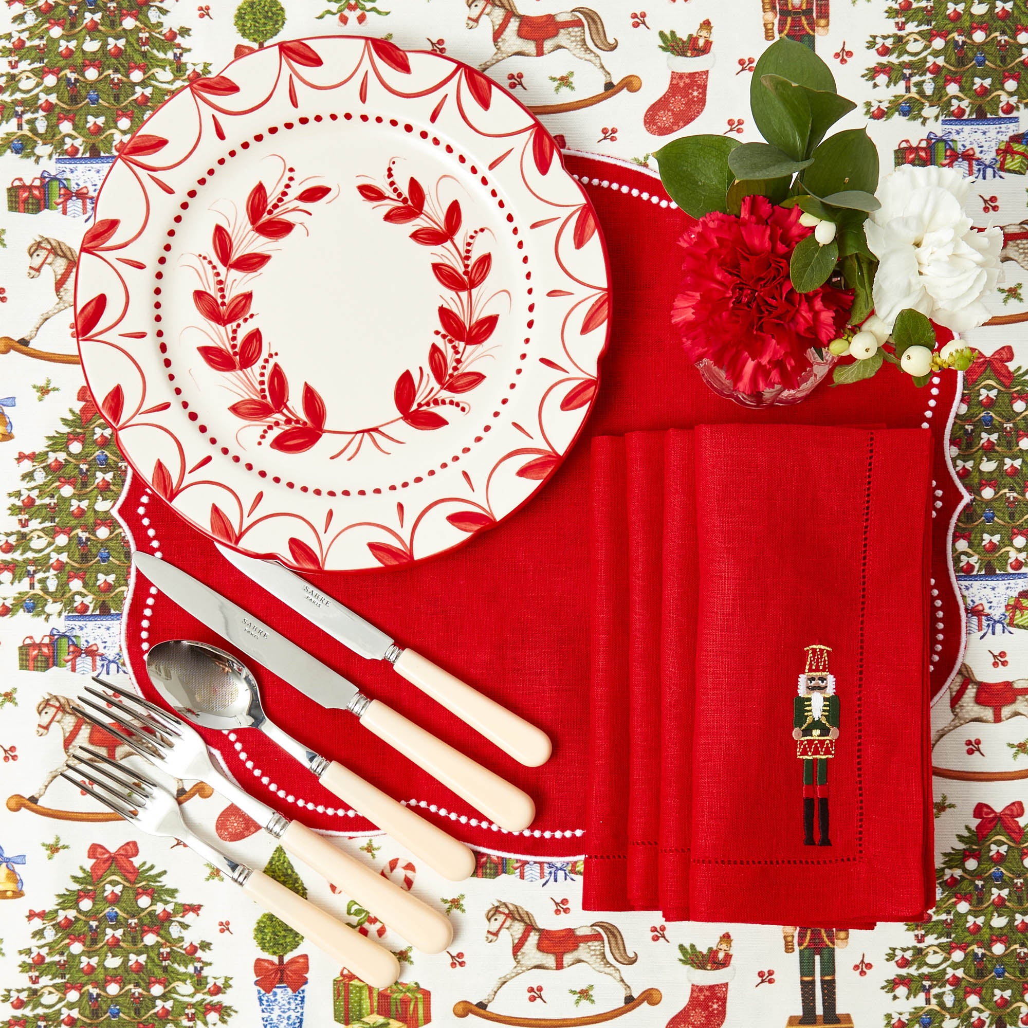 Red Linen Embroidered Nutcracker Napkins (Set of 4)