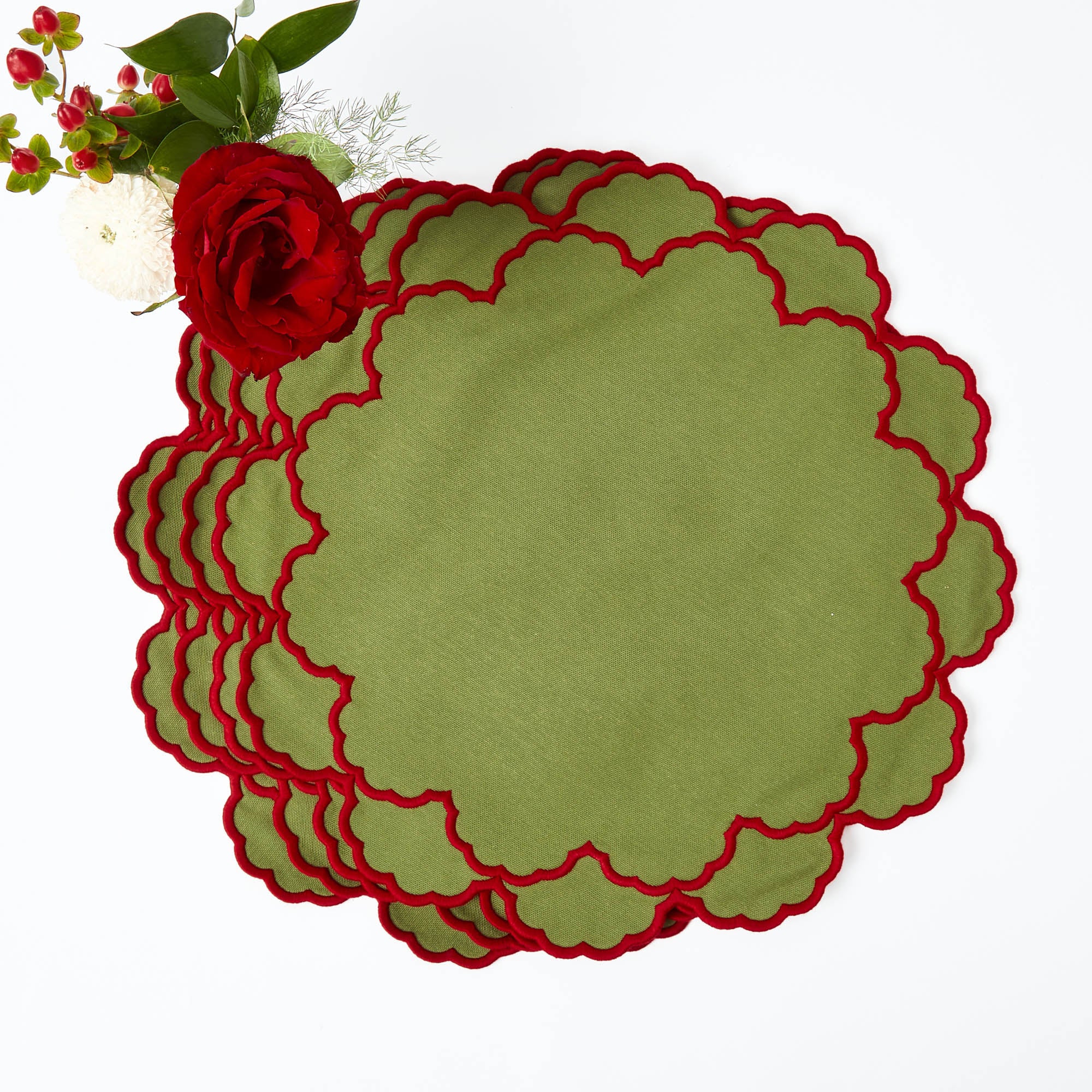 Lily Green & Red Placemats & Napkins (Set of 4)