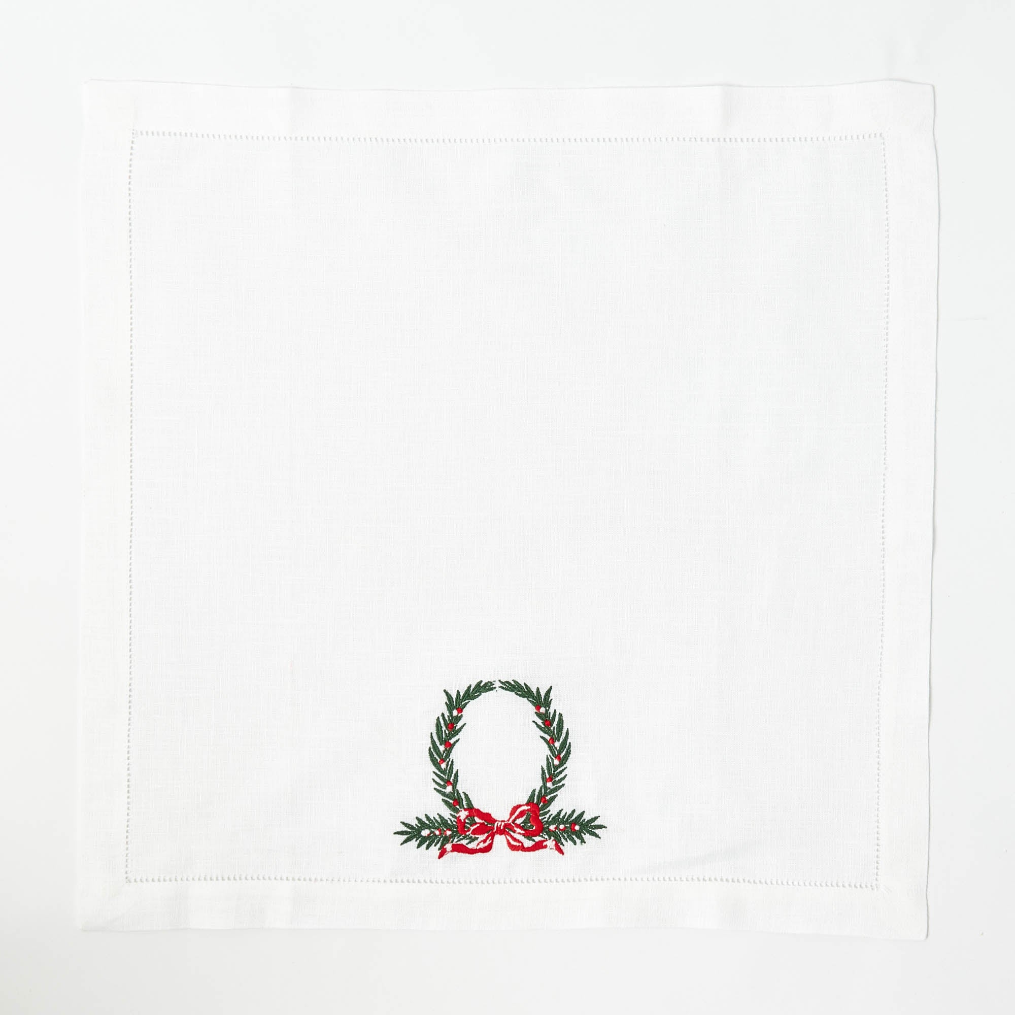 Red Bow Garland White Linen Napkins (Set of 4)