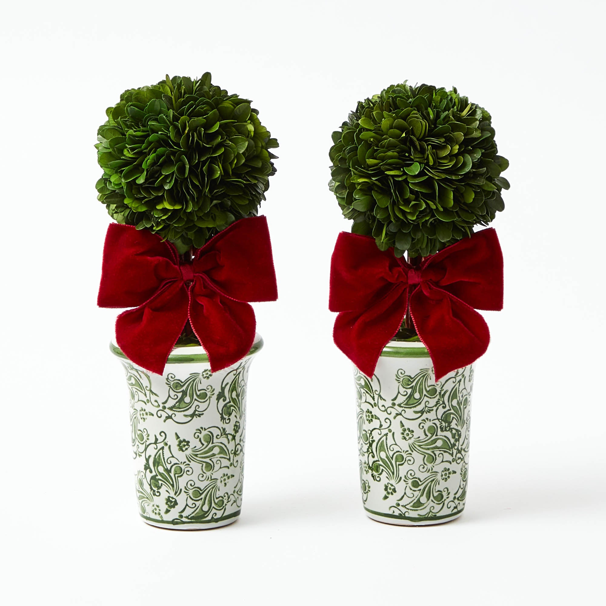 Red Ribboned Green Chinoiserie Potted Boxwood Tree (Pair)