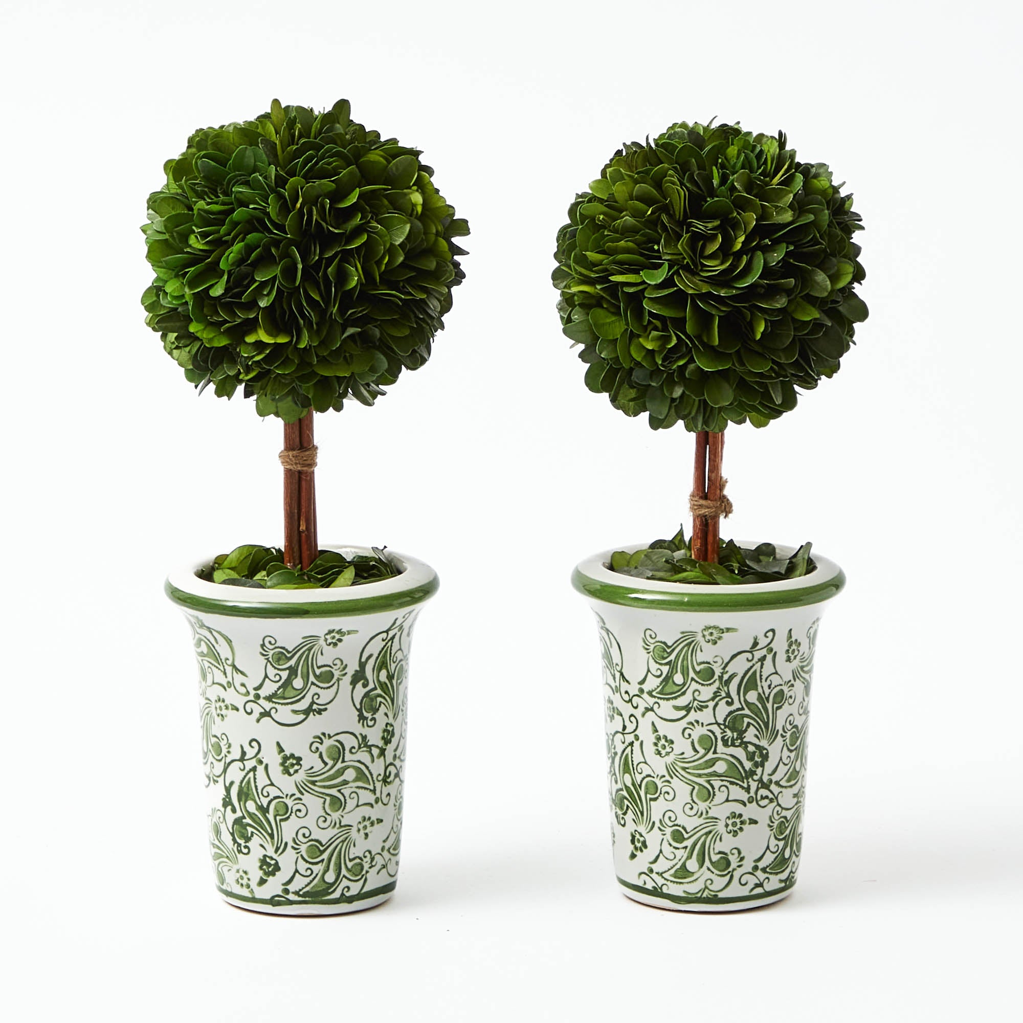 Red Ribboned Green Chinoiserie Potted Boxwood Tree (Pair)