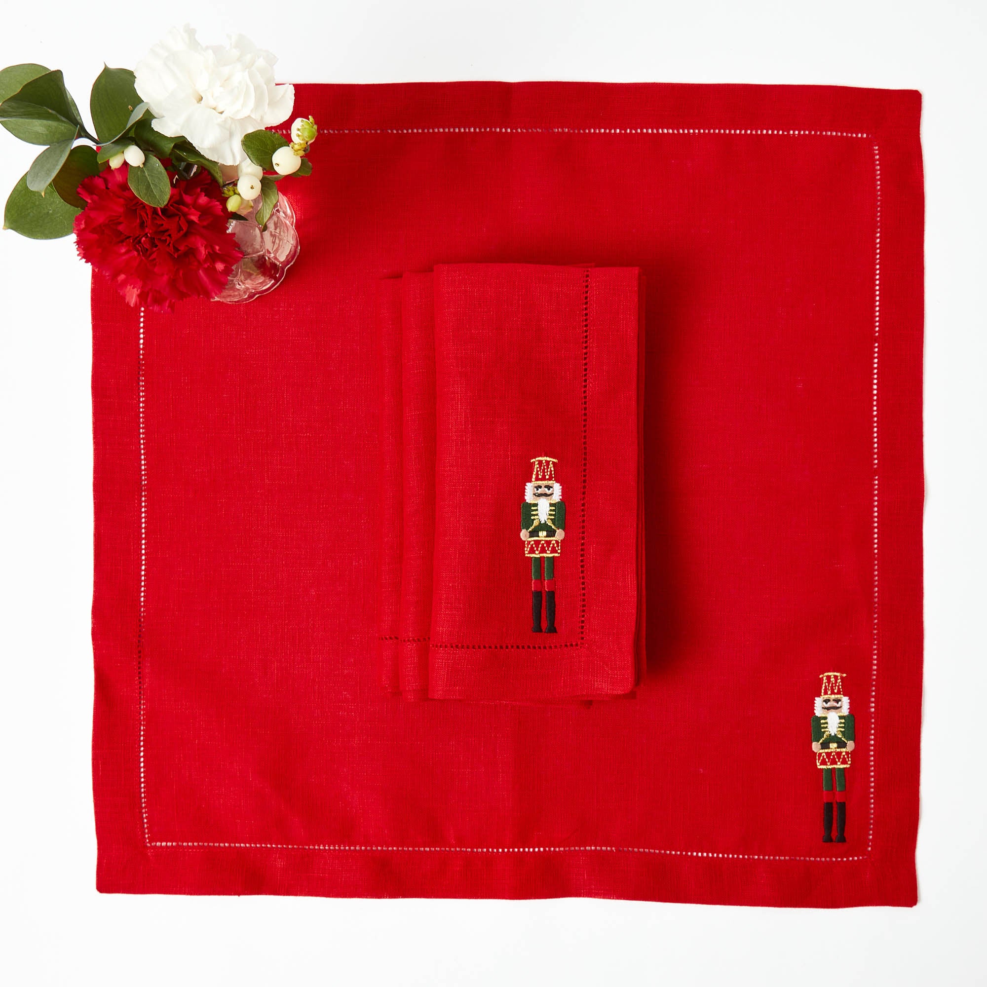 Red Linen Embroidered Nutcracker Napkins (Set of 4)