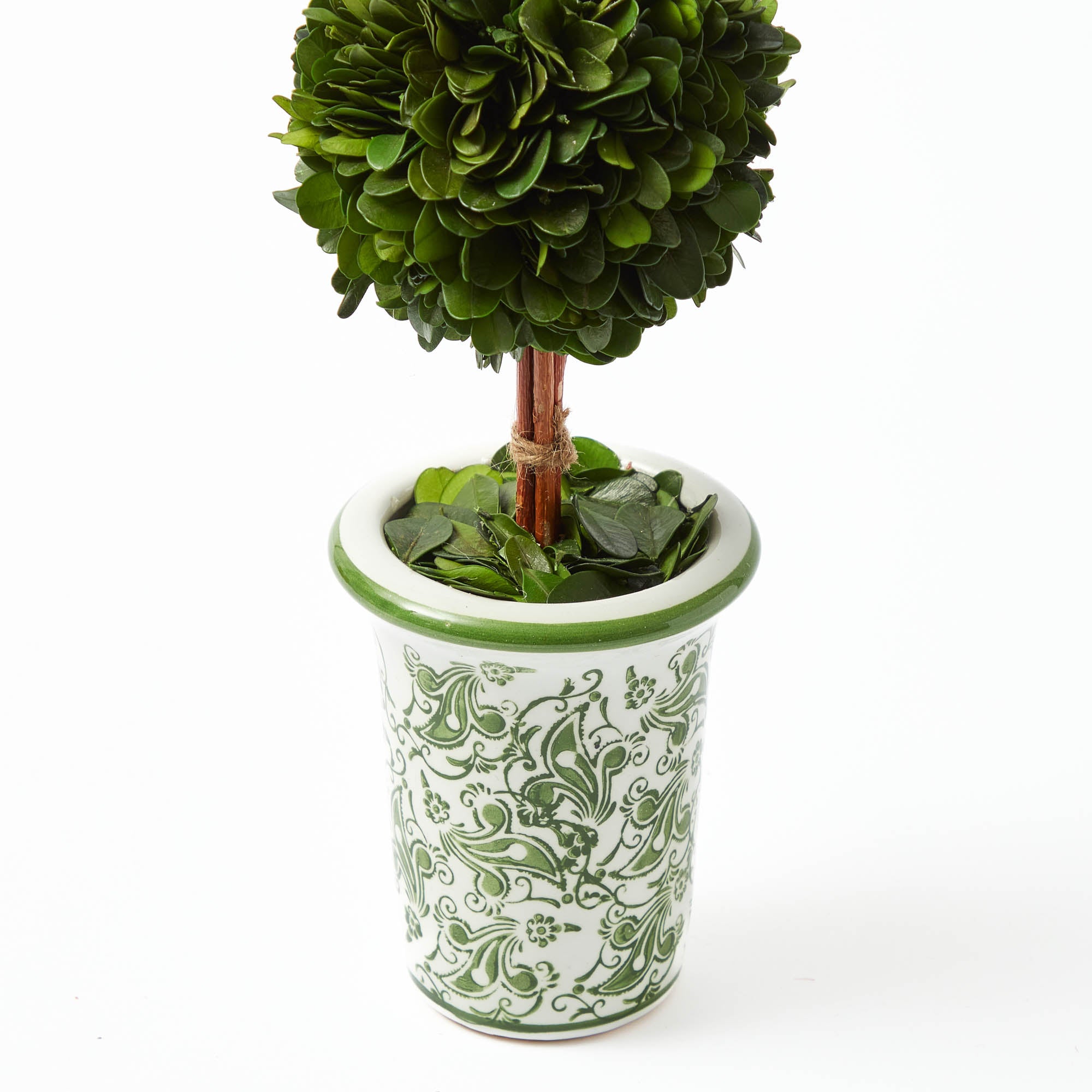 Red Ribboned Green Chinoiserie Potted Boxwood Tree (Pair)