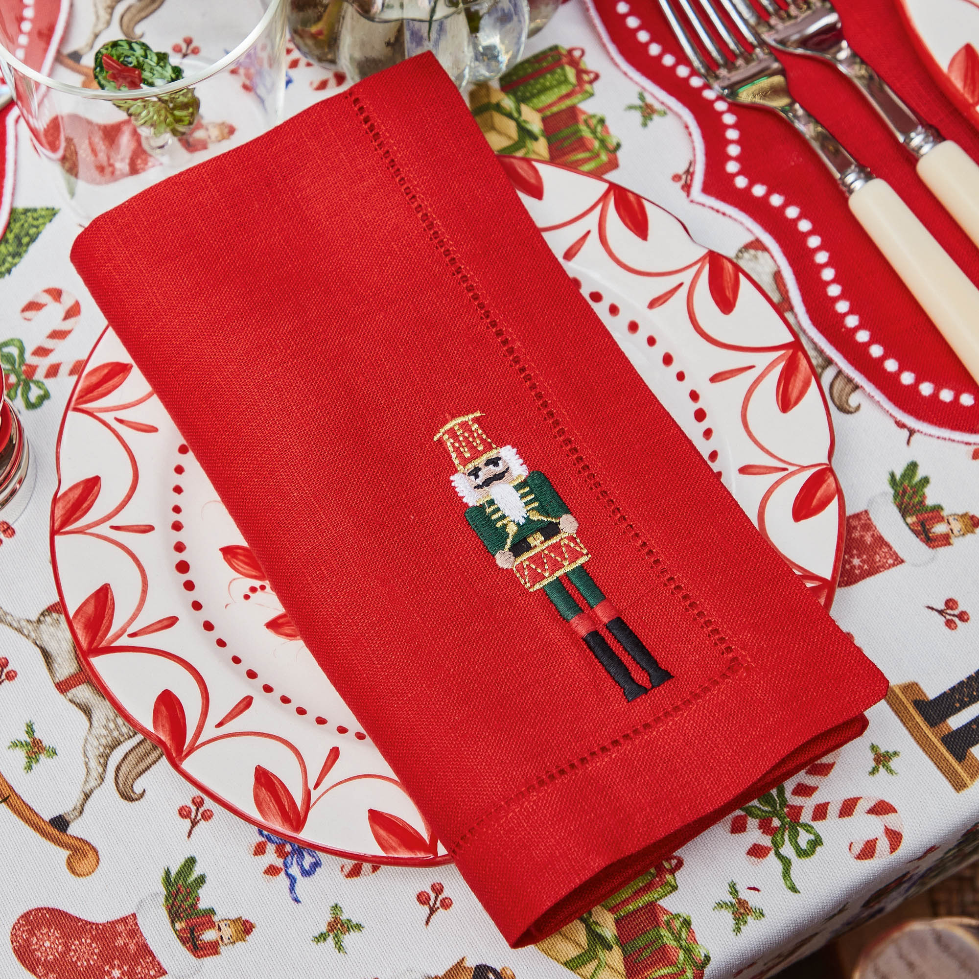 Red Linen Embroidered Nutcracker Napkins (Set of 4)