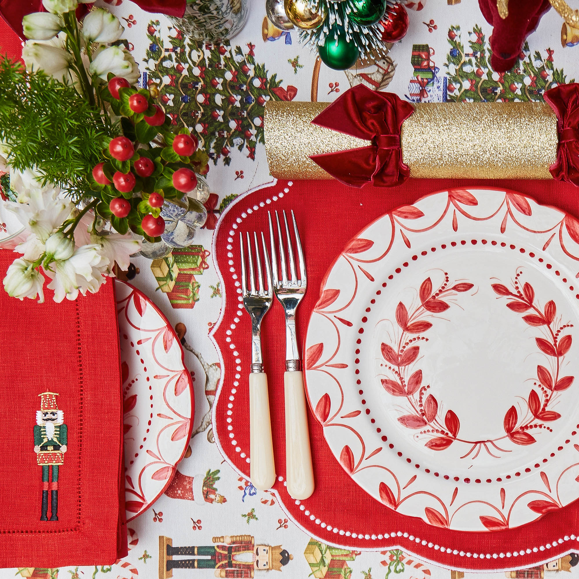 Red Linen Embroidered Nutcracker Napkins (Set of 4)