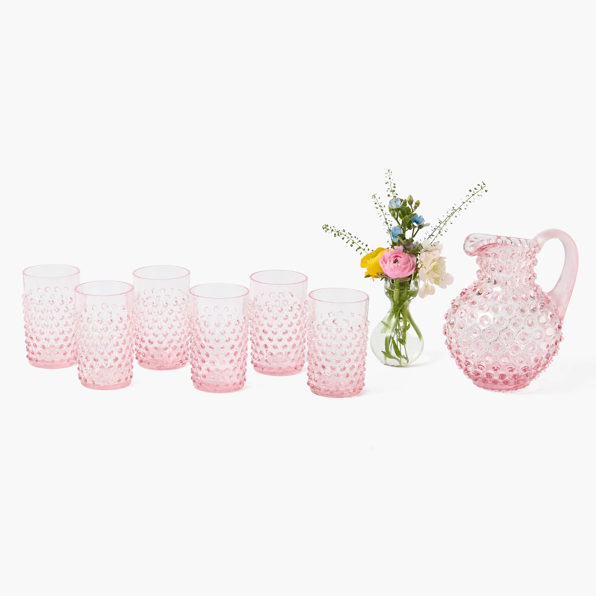 Small Rose Pink Hobnail Jug & Glasses (Set of 6)