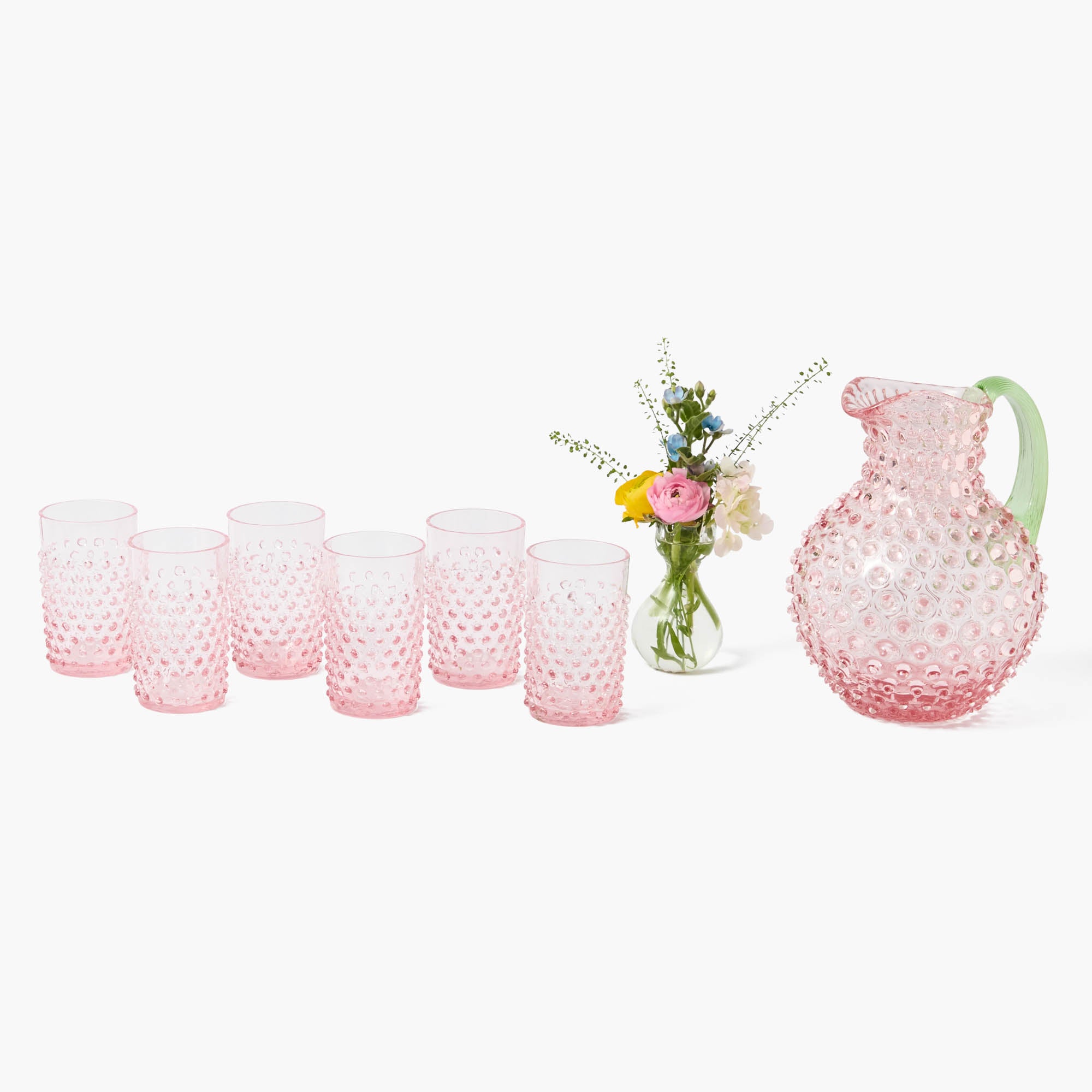 Rose Hobnail Jug with Emerald Handle & Glasses (Set of 6)