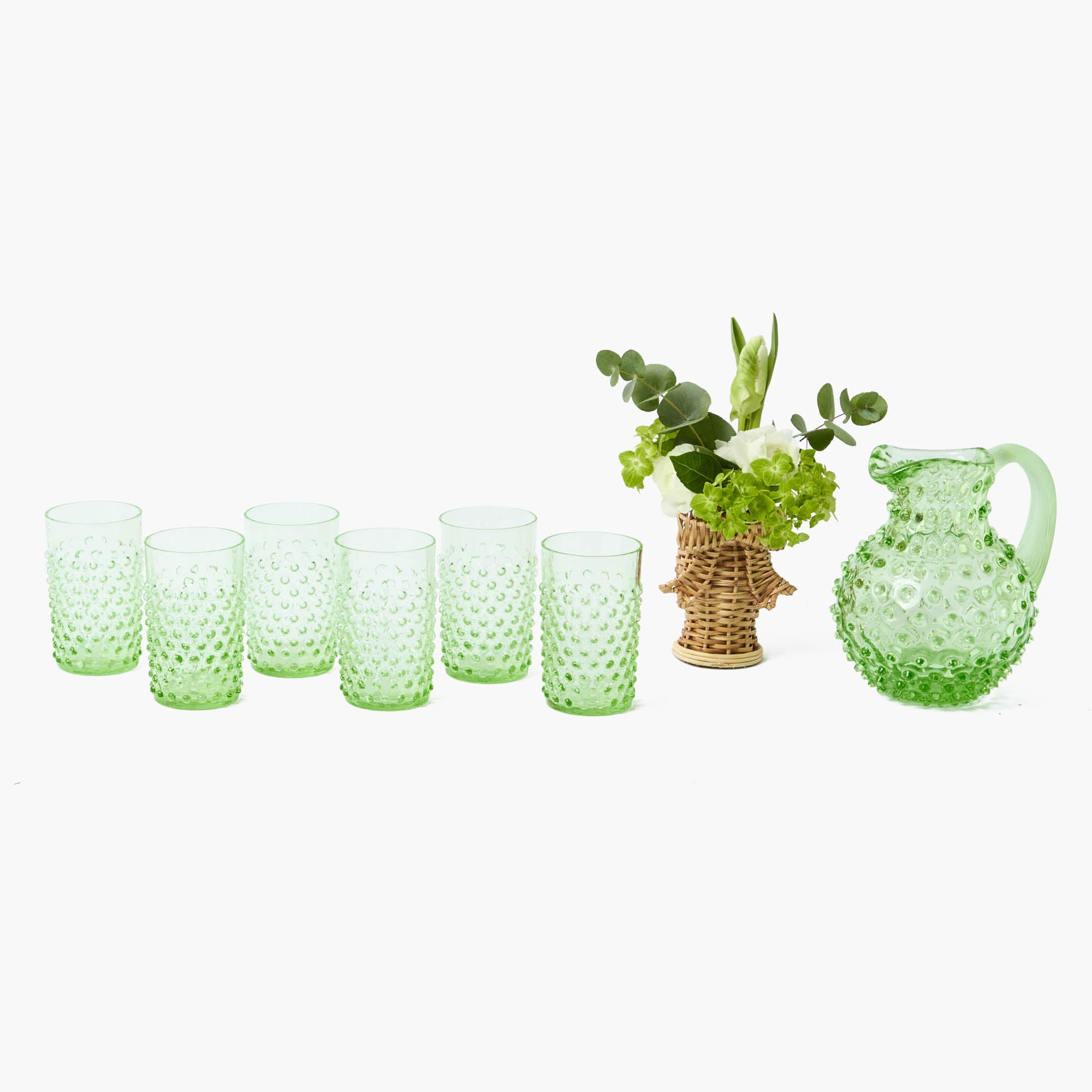 Small Emerald Hobnail Jug & Glasses (Set of 6)