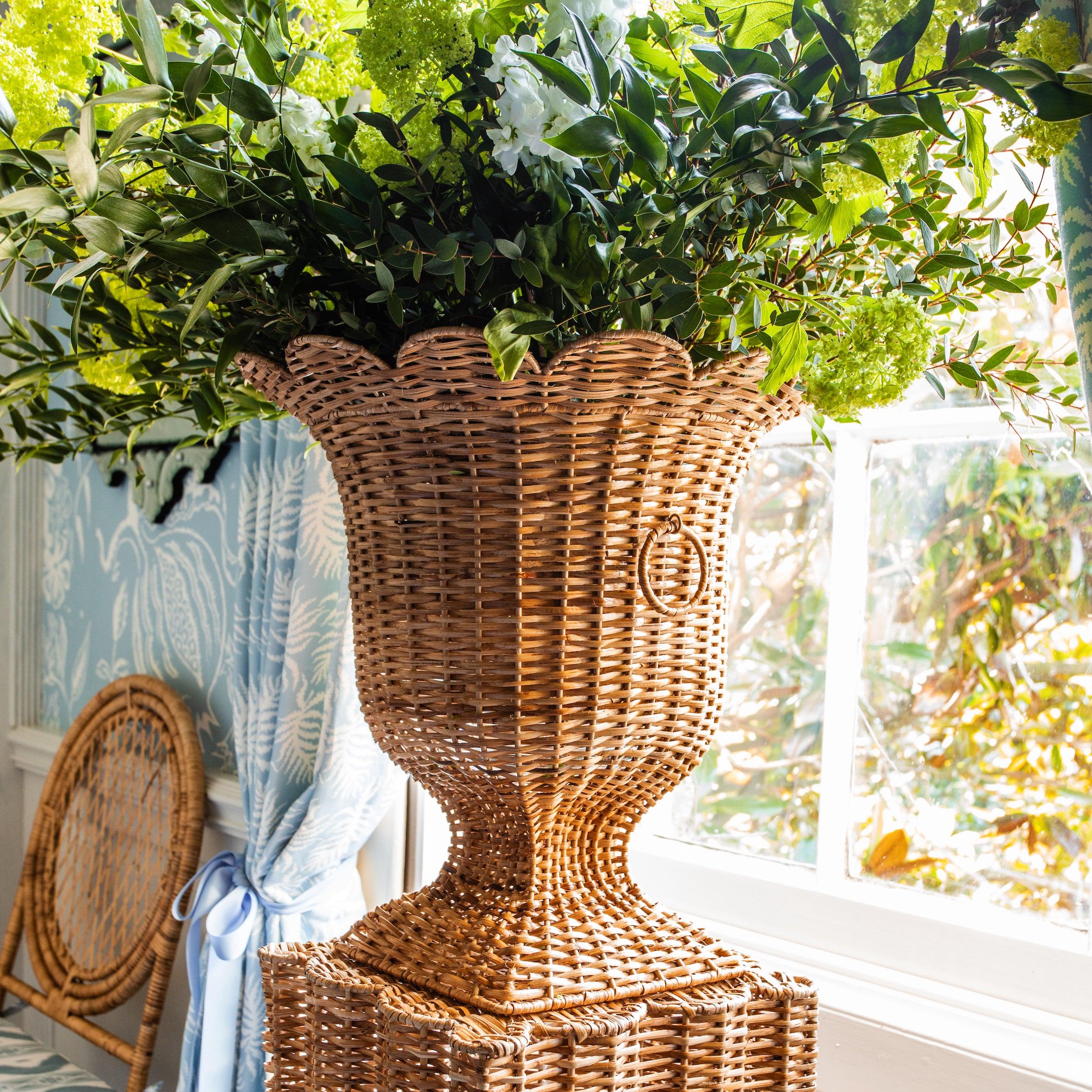 Liliana Scalloped Rattan Pedestal and Urn - Mrs. Alice