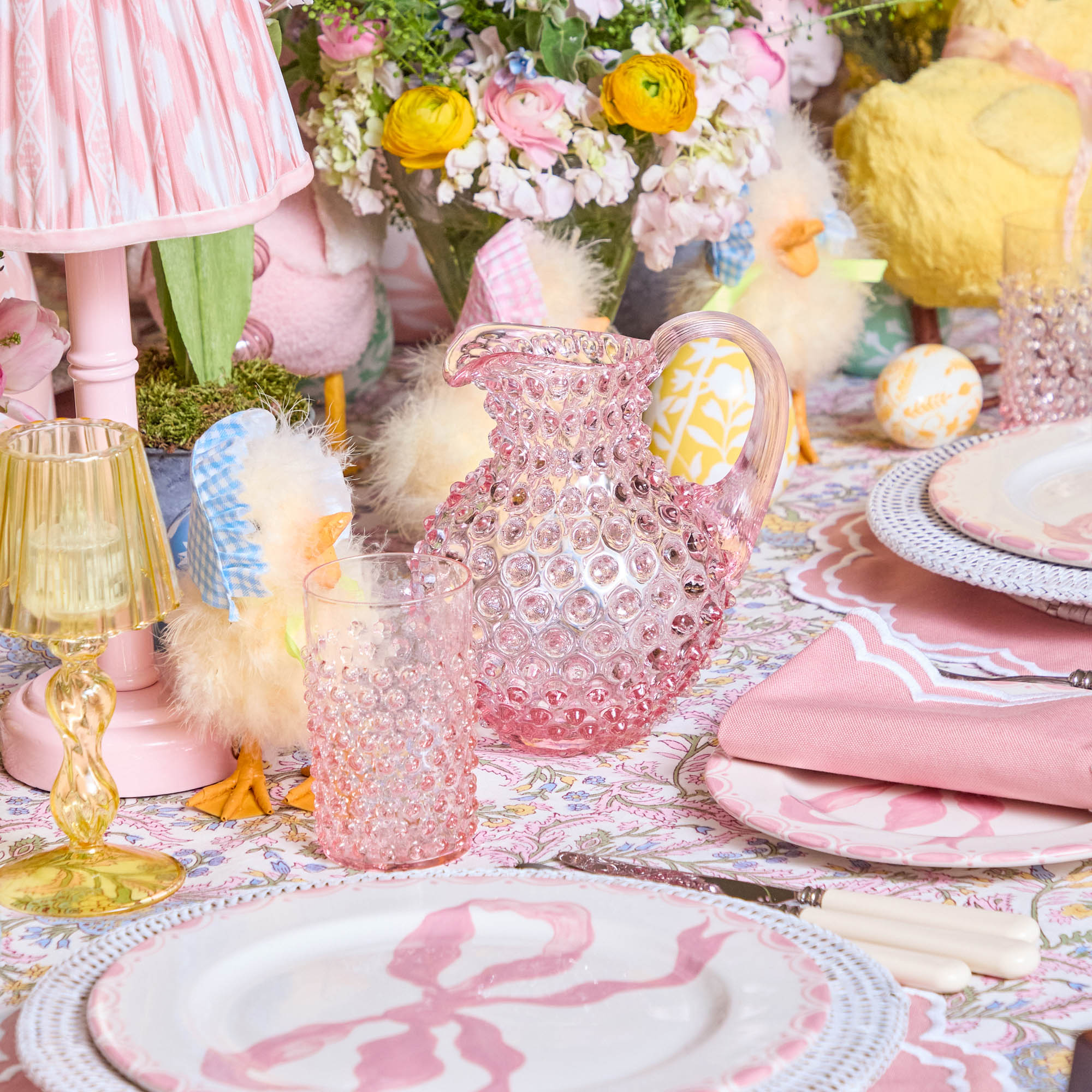 Small Rose Pink Hobnail Jug & Glasses (Set of 6)