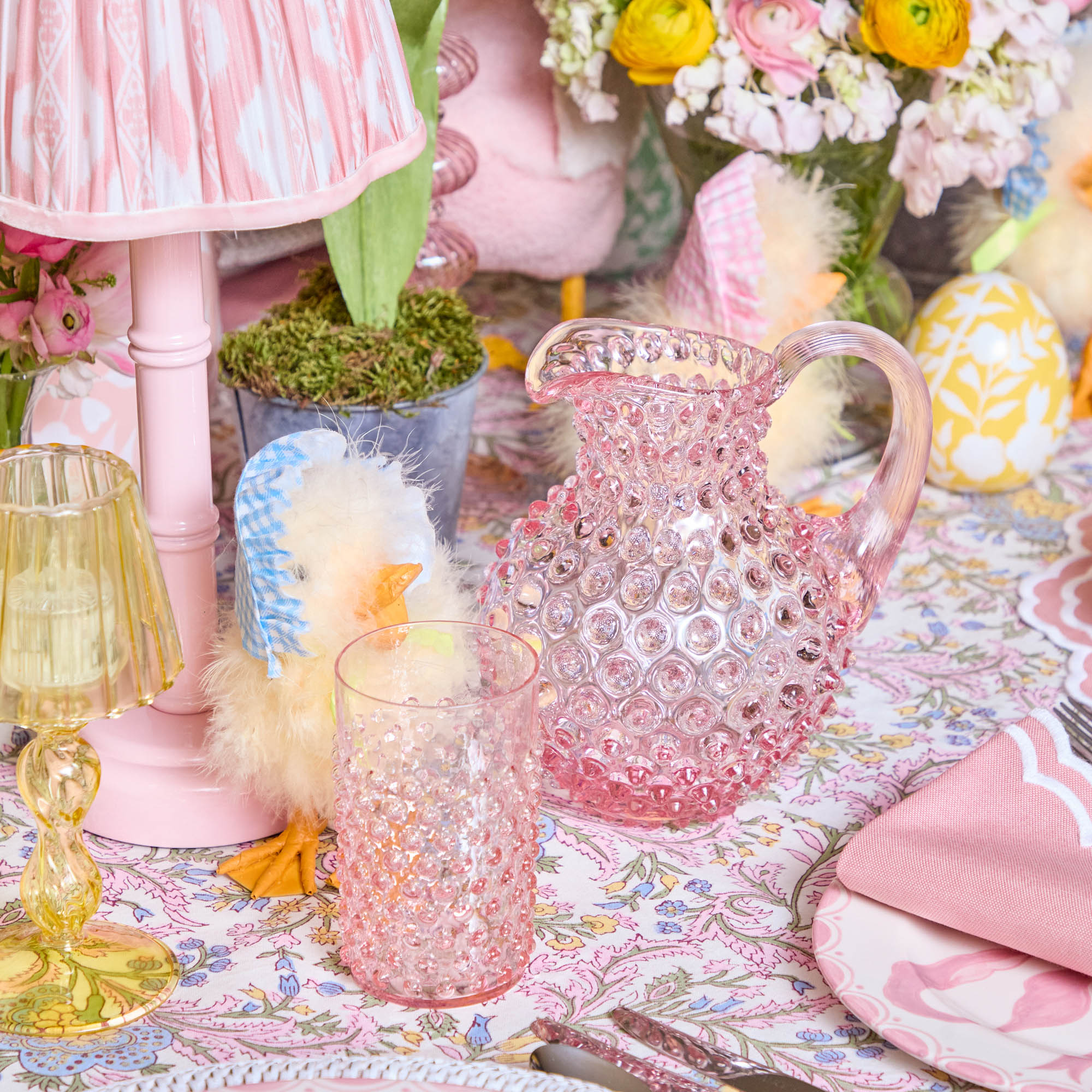 Small Rose Pink Hobnail Jug & Glasses (Set of 6)