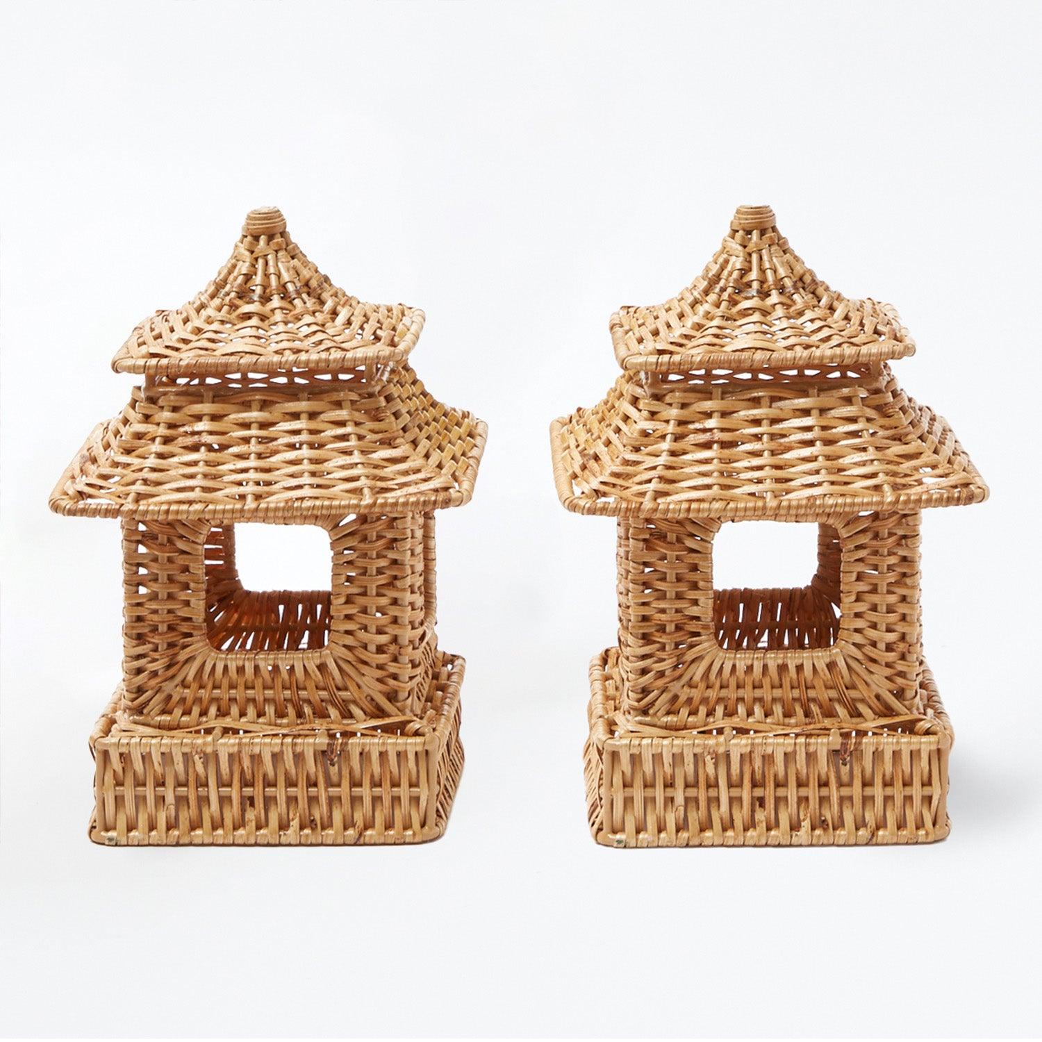 Set of two rattan vases, one pagoda and one urn, for floral displays.