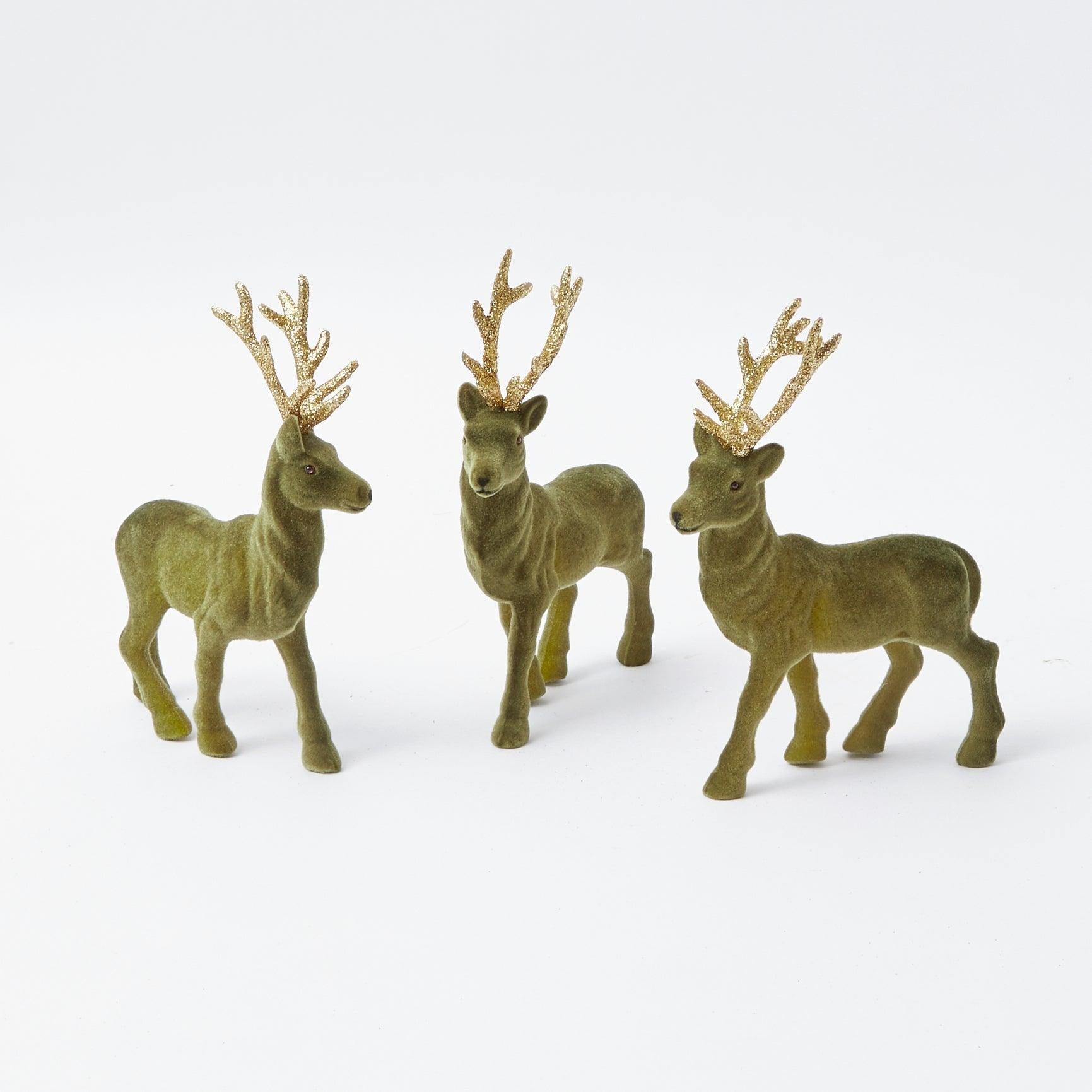 Olive Green Flocked Reindeer (Set of 3) - Mrs. Alice