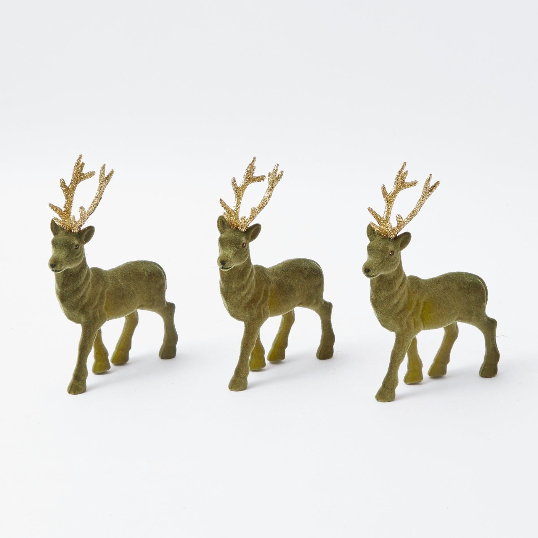 Olive Green Flocked Reindeer (Set of 3) - Mrs. Alice