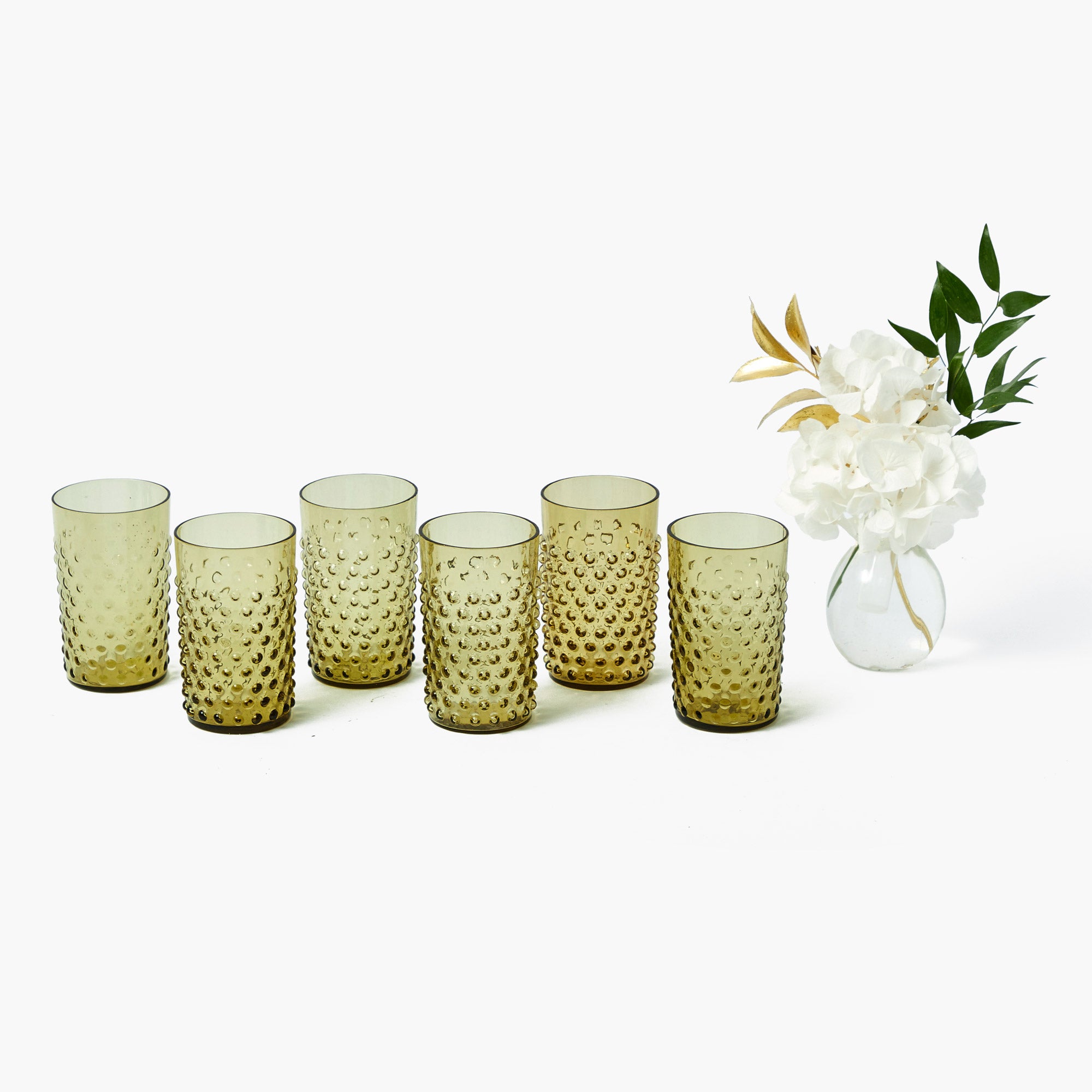 Olive Green Hobnail Jug & Glasses (Set of 6)