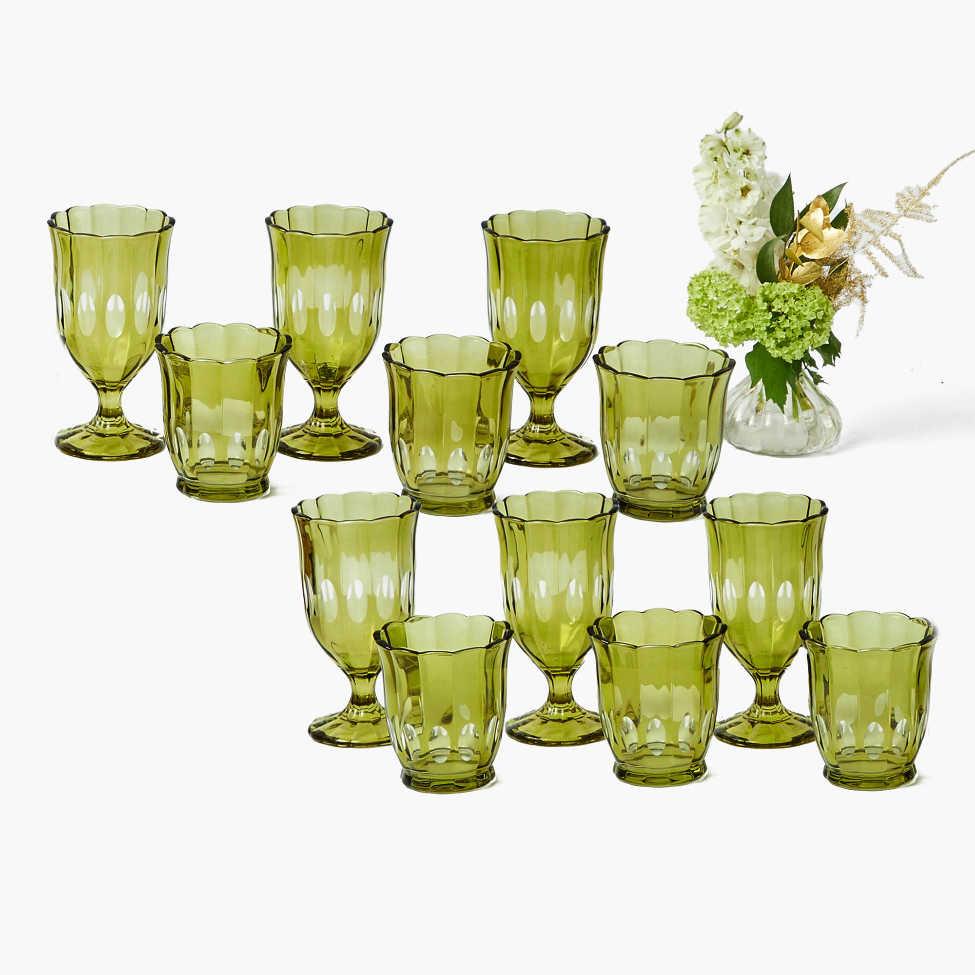 Olive Scalloped Glassware (Set of 12)