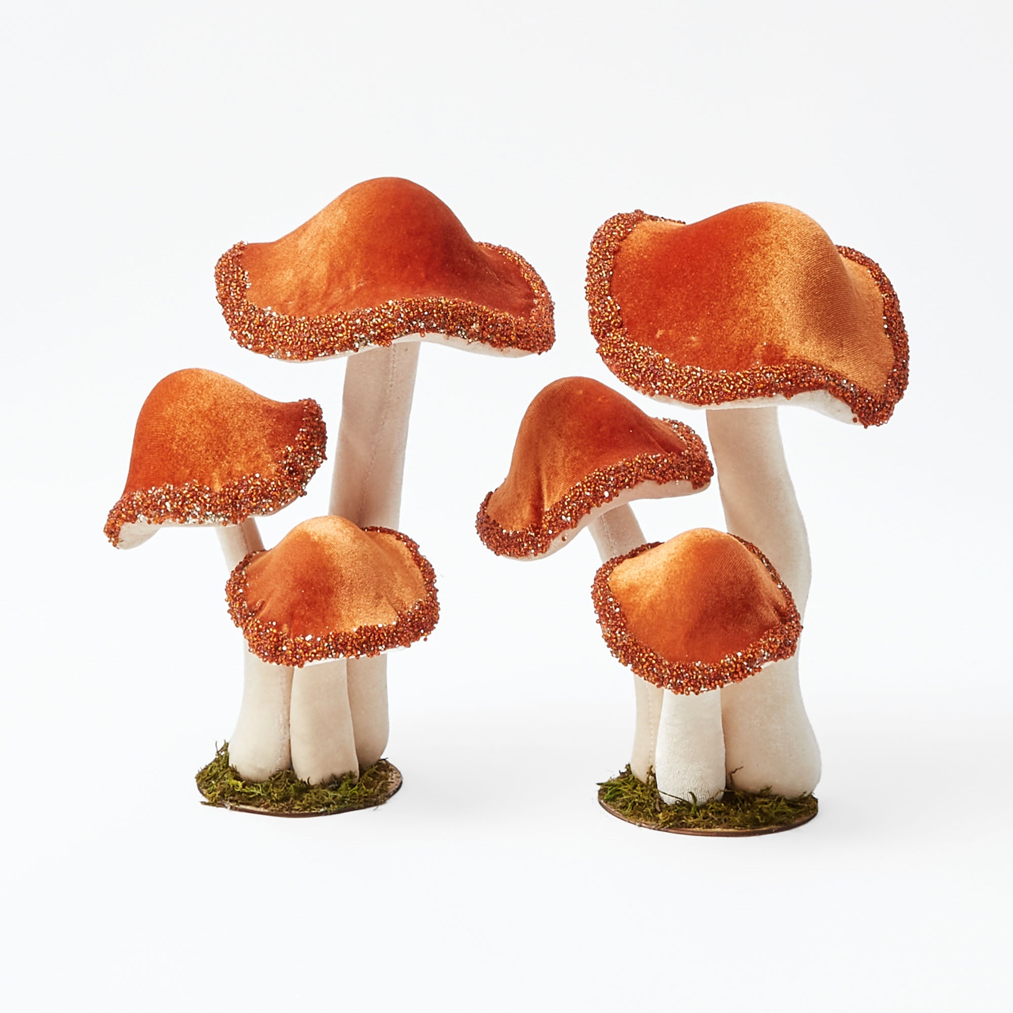 Pair of Tall Orange Glitter Mushrooms: Sparkling fall accents.