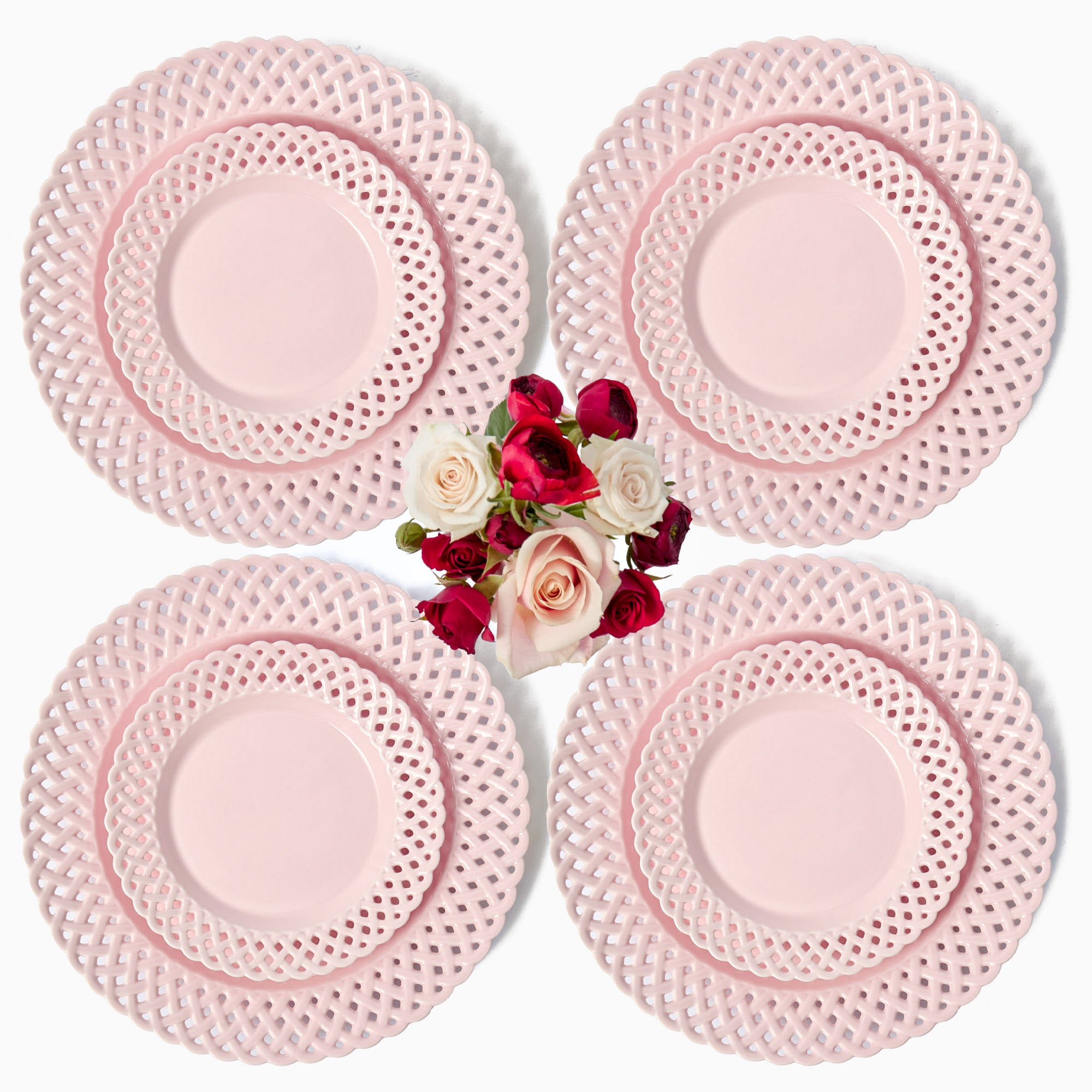 Pink Basketweave Dinner & Starter Plates (Set of 8)