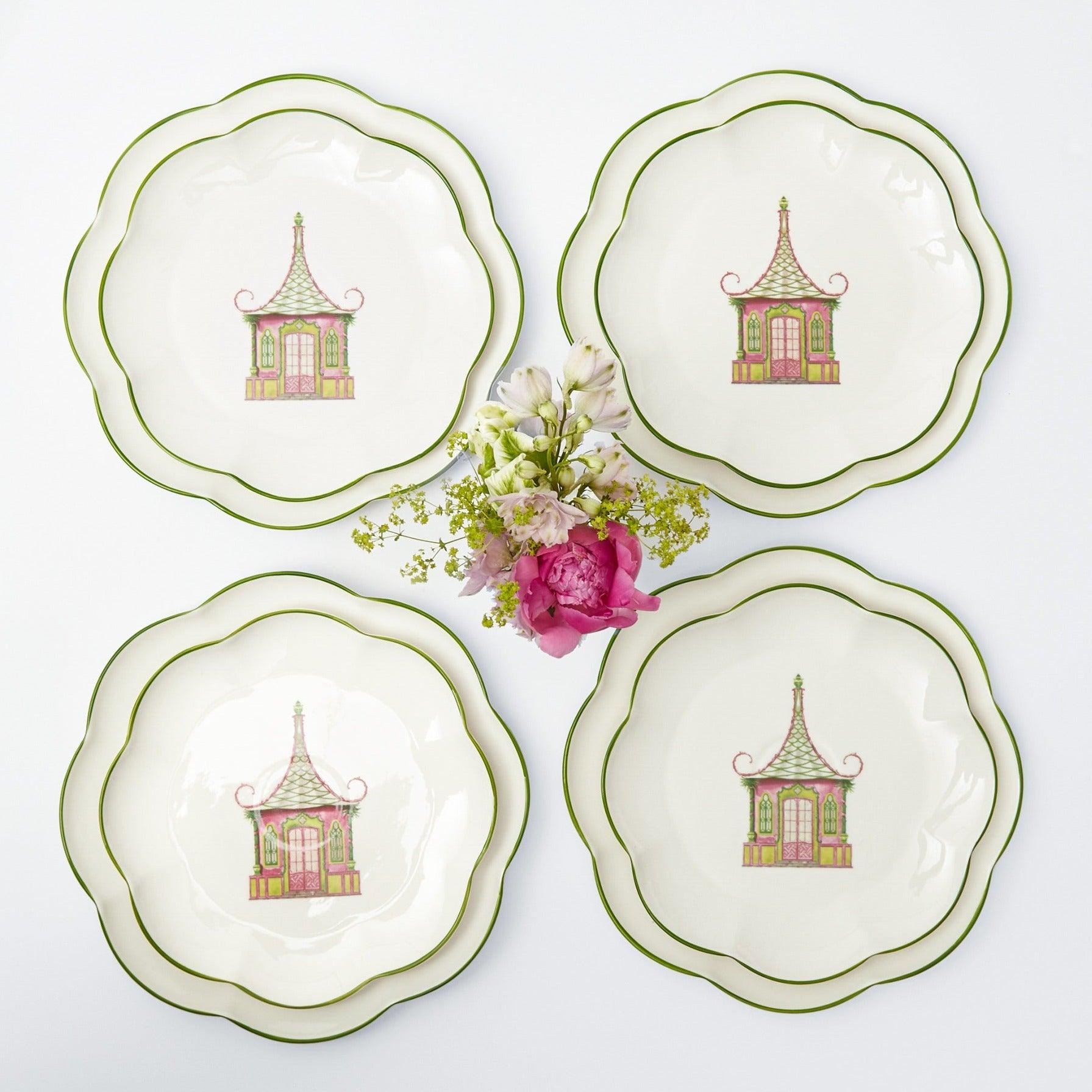 Pink & Green Pagoda Dinner & Starter Plates (Set of 8) - Mrs. Alice