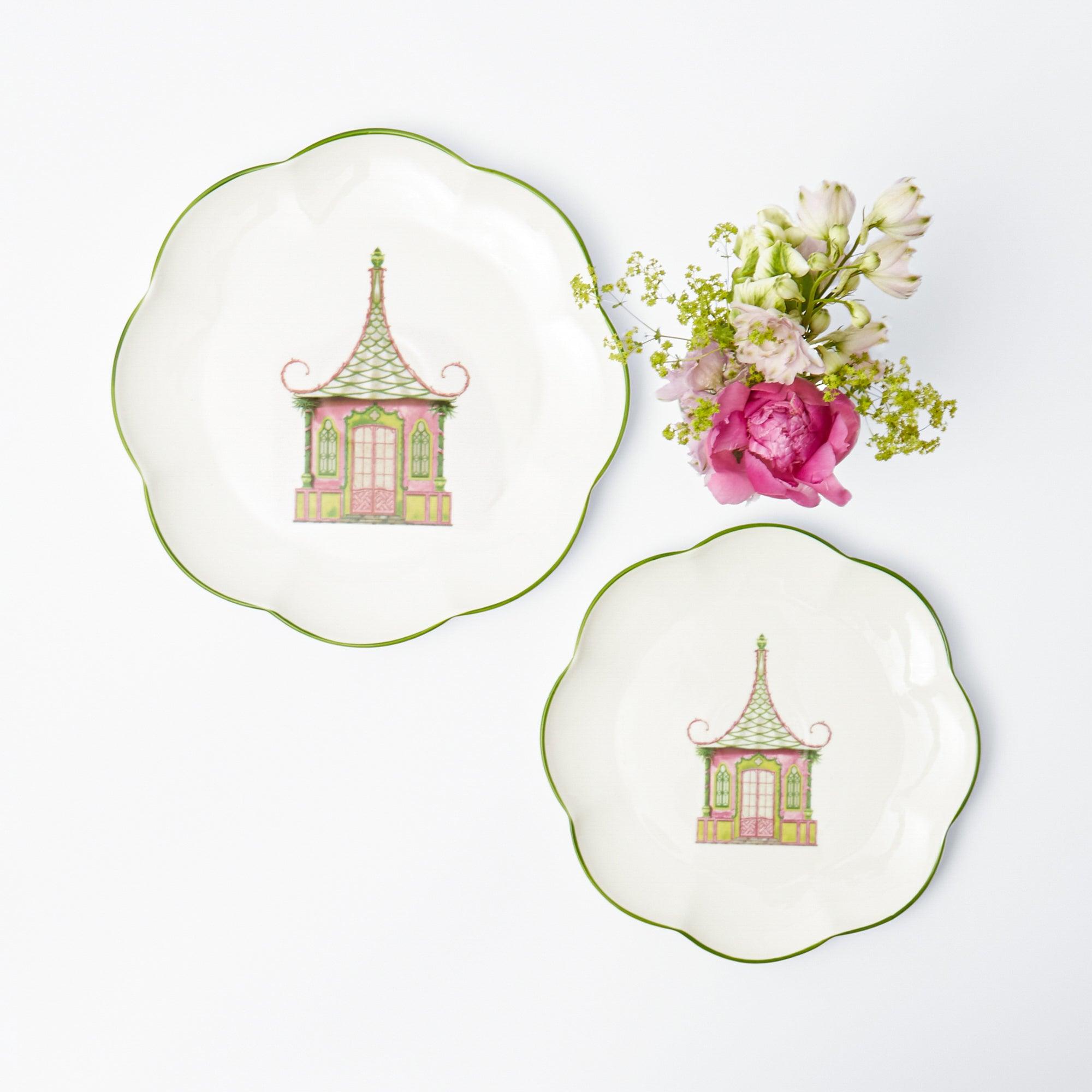 Pink & Green Pagoda Dinner & Starter Plates (Set of 8) - Mrs. Alice