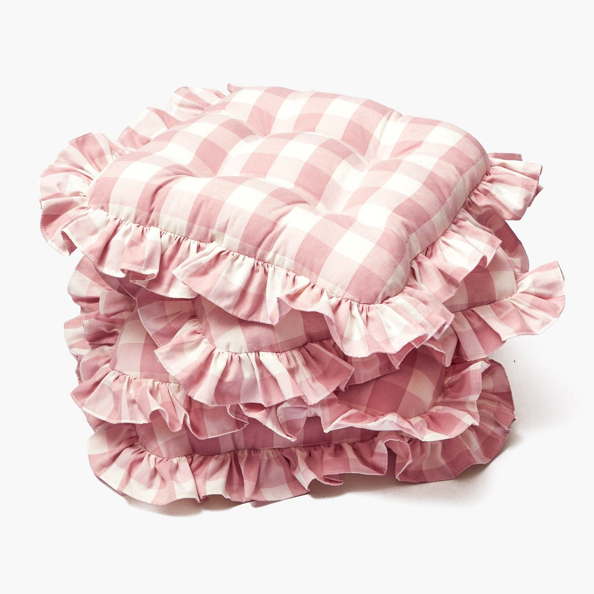 Pink Gingham Ruffle Seat Pad Cushion (Set of 4)