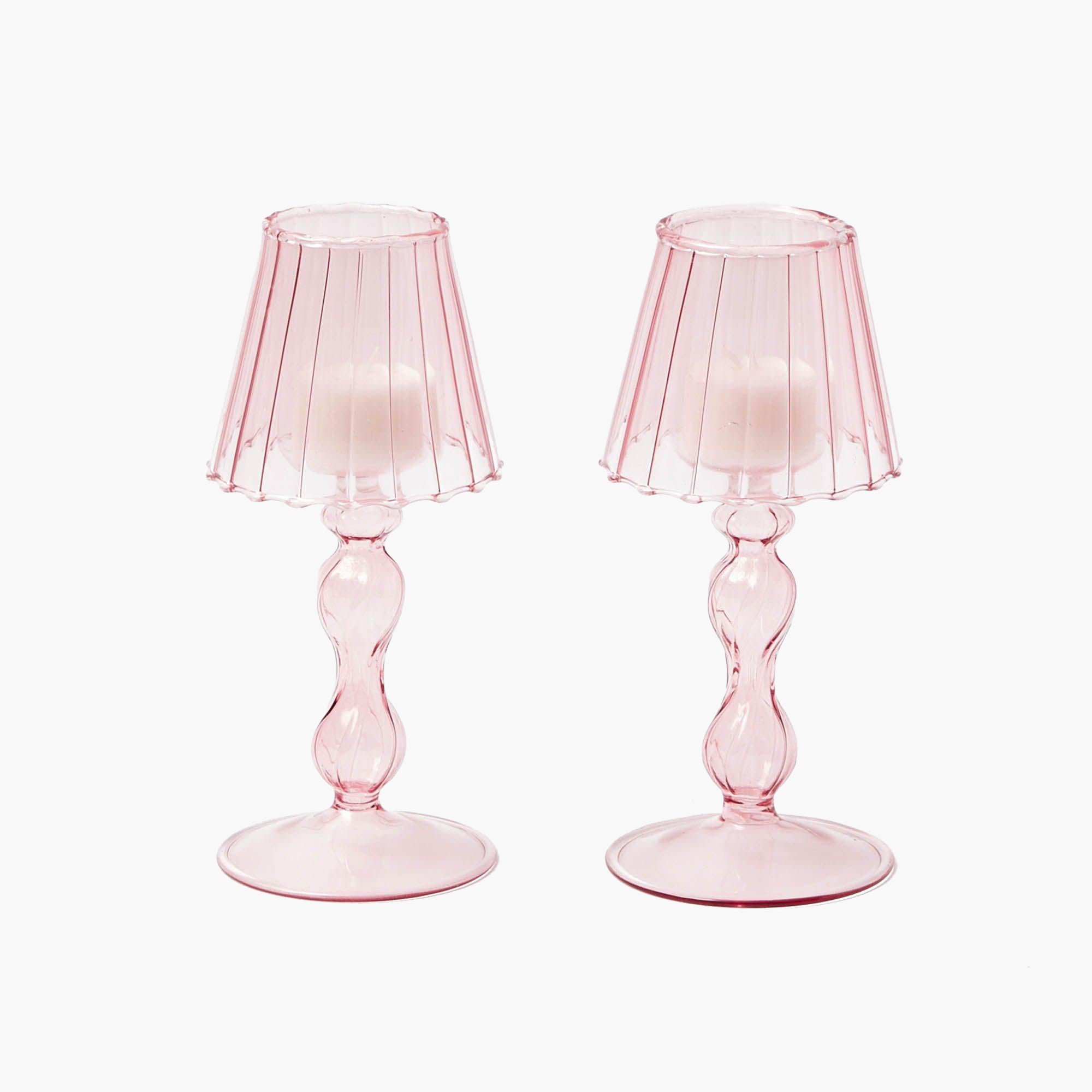 Pink Glass Lantern Tea Light Holder (Pair) - 18cm