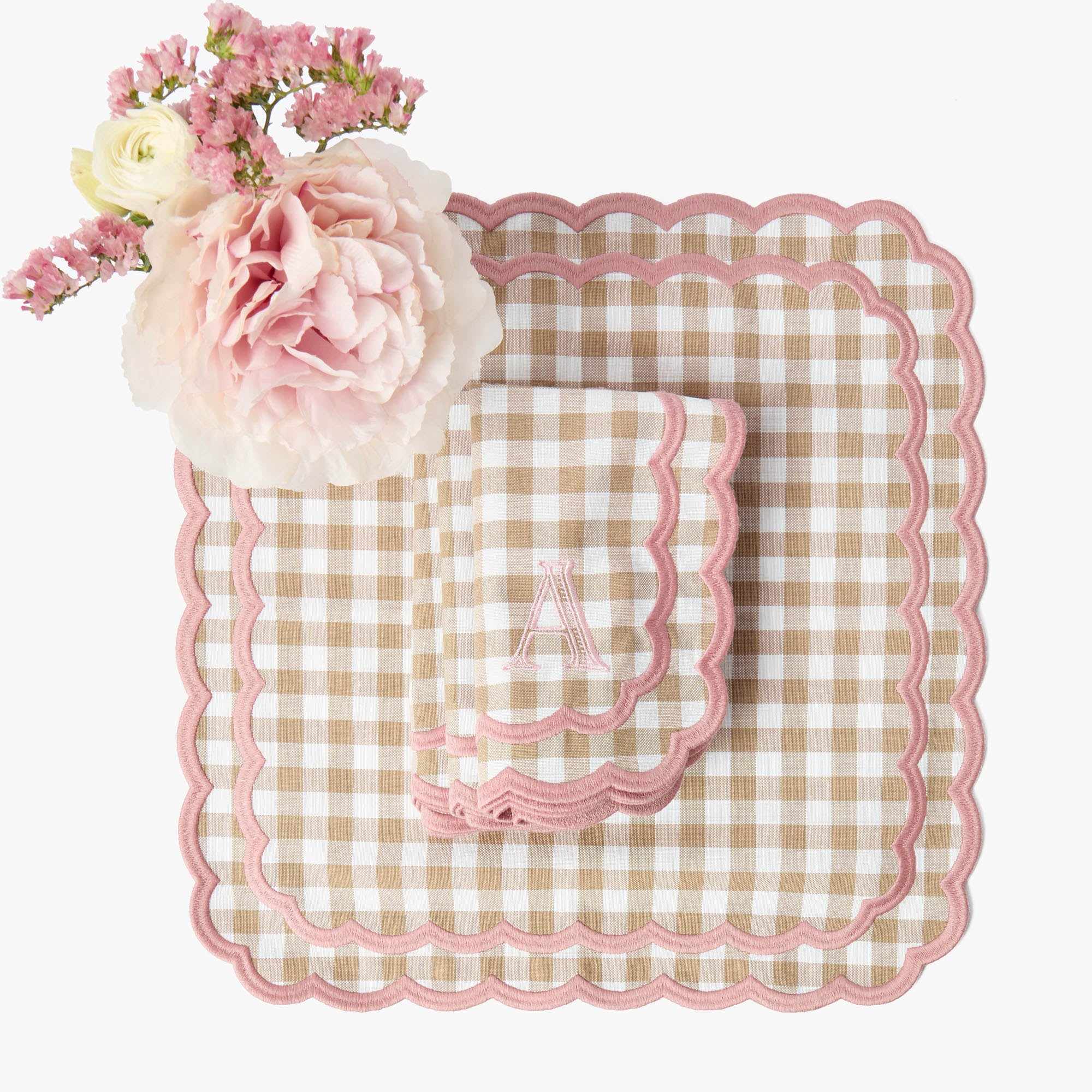 Isla Putty & Pink Gingham Placemats & Napkins (Set of 4)