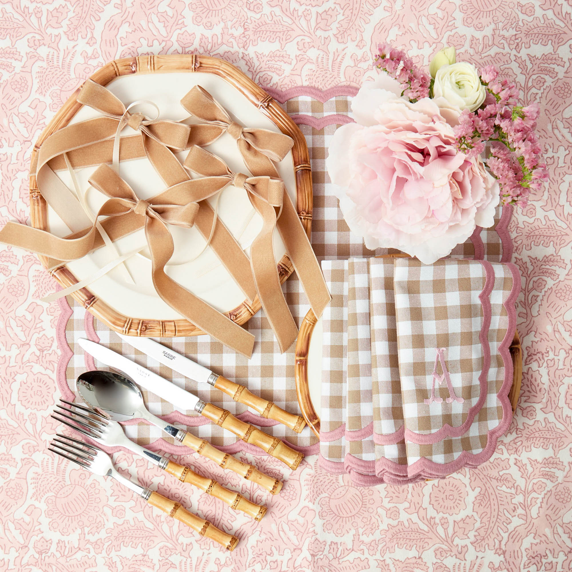 Isla Putty & Pink Gingham Placemats & Napkins (Set of 4)