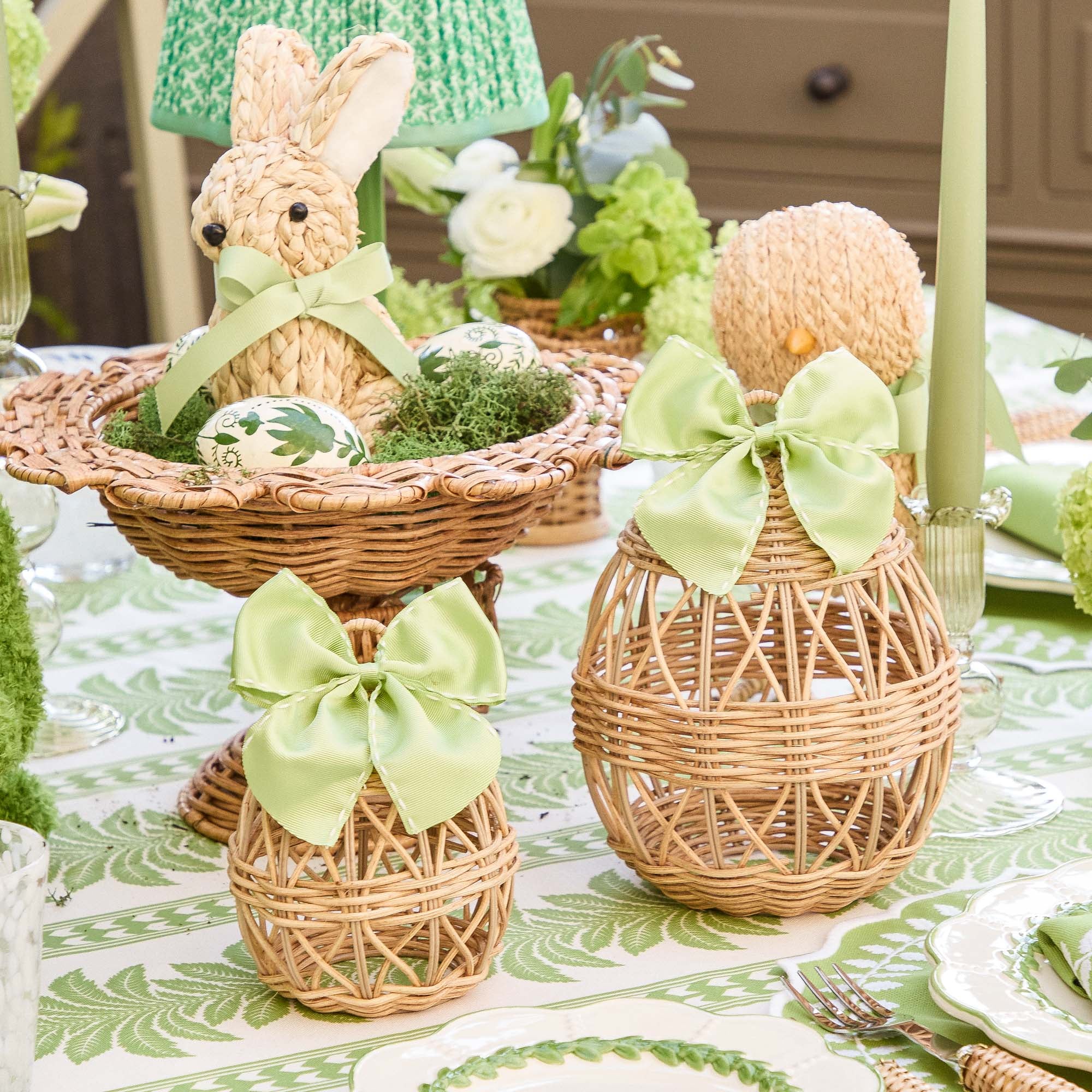 Small Rattan Woven Egg with Green Saddlestitch Bows (Pair)