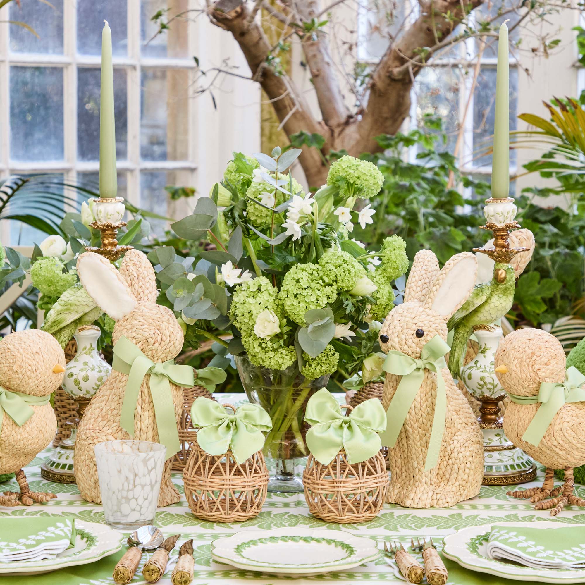 Small Rattan Woven Egg with Green Saddlestitch Bows (Pair)