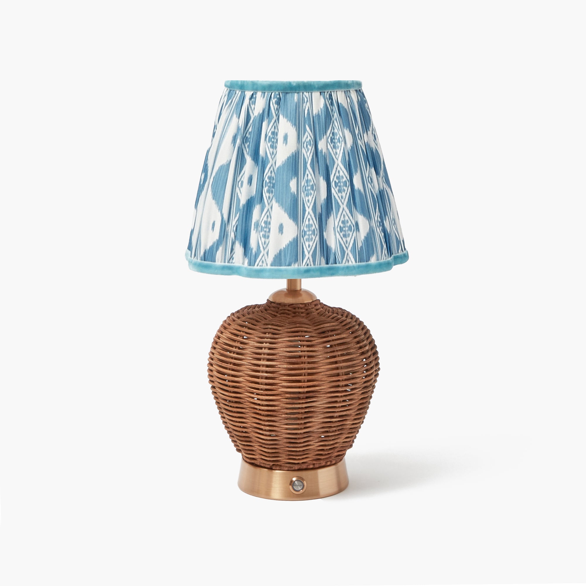 Rattan Ursula Rechargeable Lamp with Blue Ikat Shade (18cm)