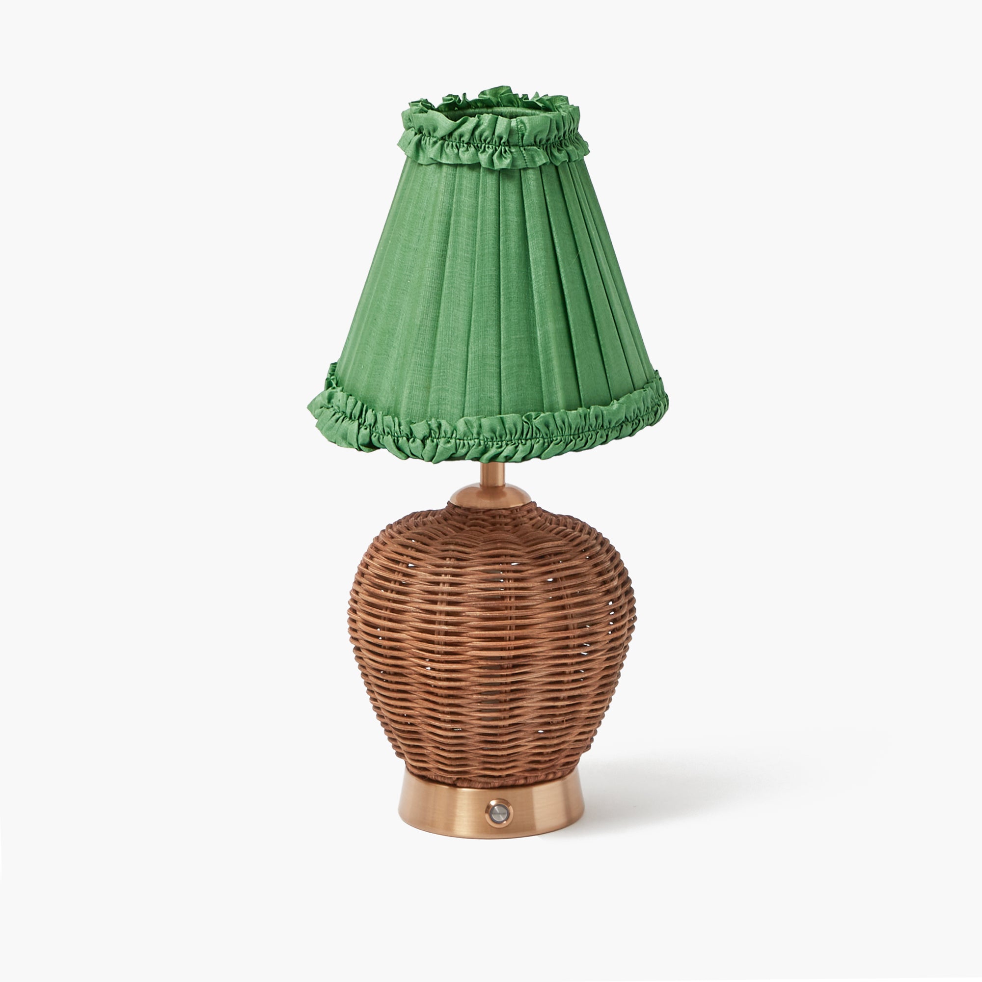 Rattan Ursula Rechargeable Lamp with Green Frilled Silk Shade (18cm)