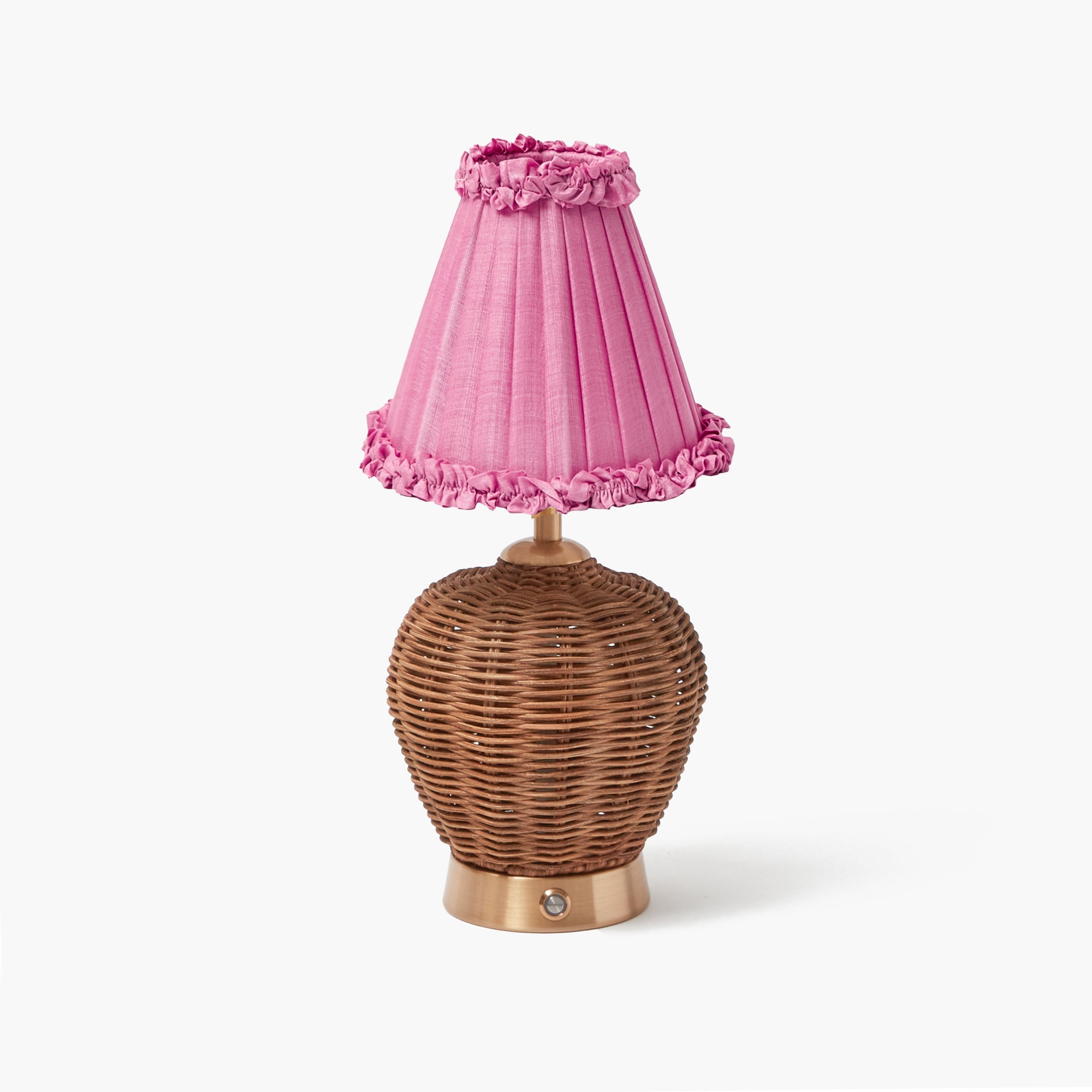 Rattan Ursula Rechargeable Lamp with Pink Frilled Silk Shade (18cm)