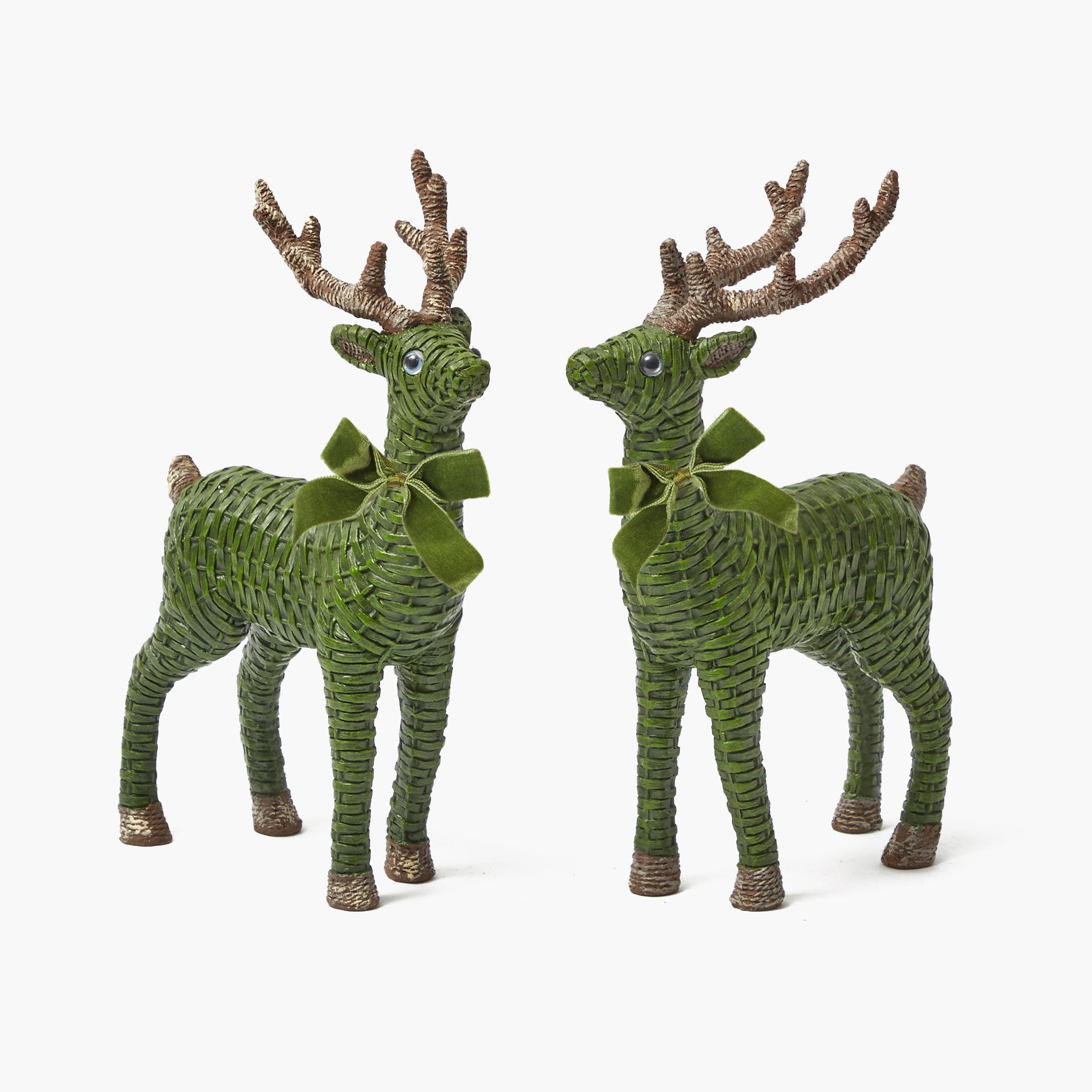 Forest Green Rattan Reindeer with Green Velvet Bows (Pair) - 30cm