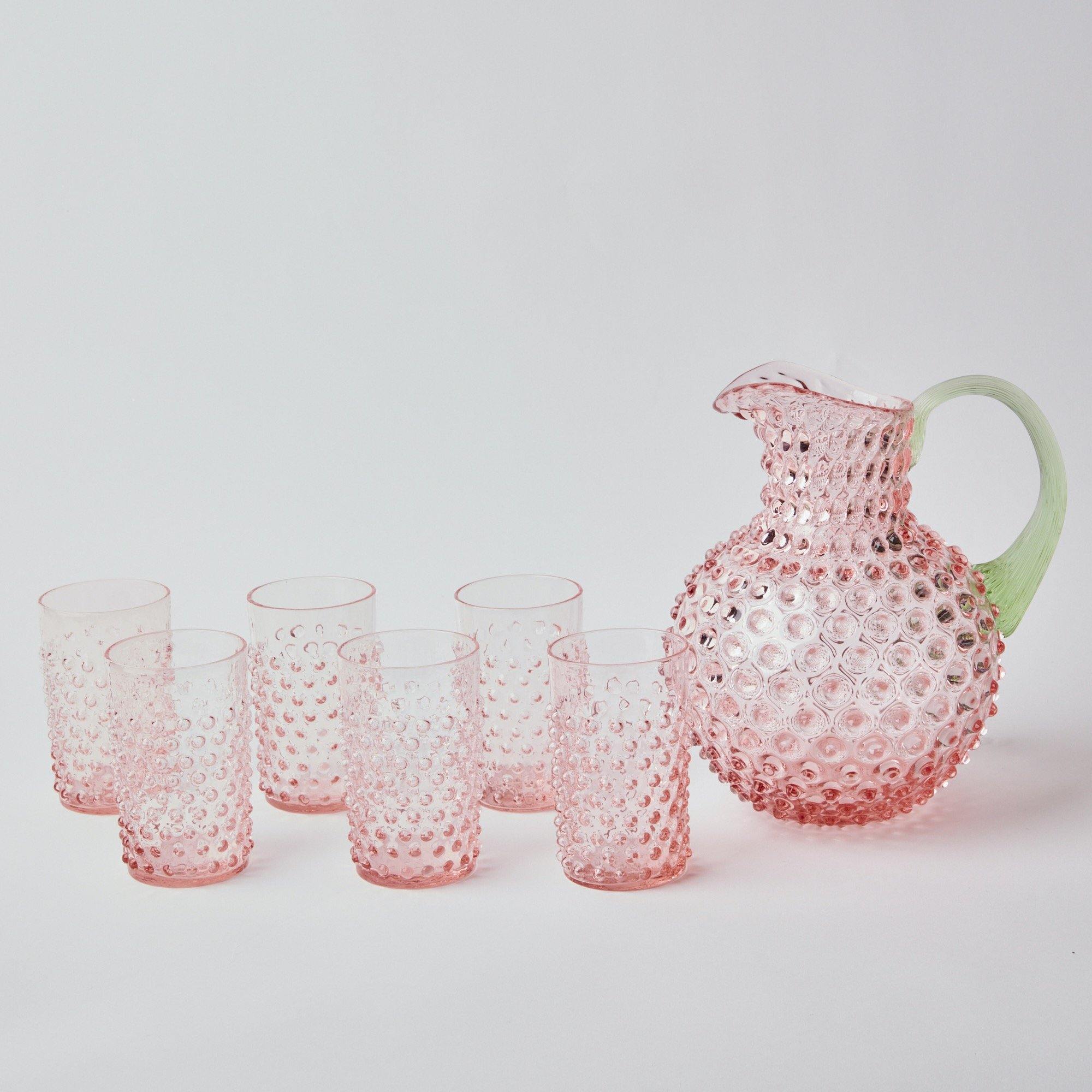 Rose Hobnail Jug with Emerald Handle & Glasses (Set of 6) - Mrs. Alice