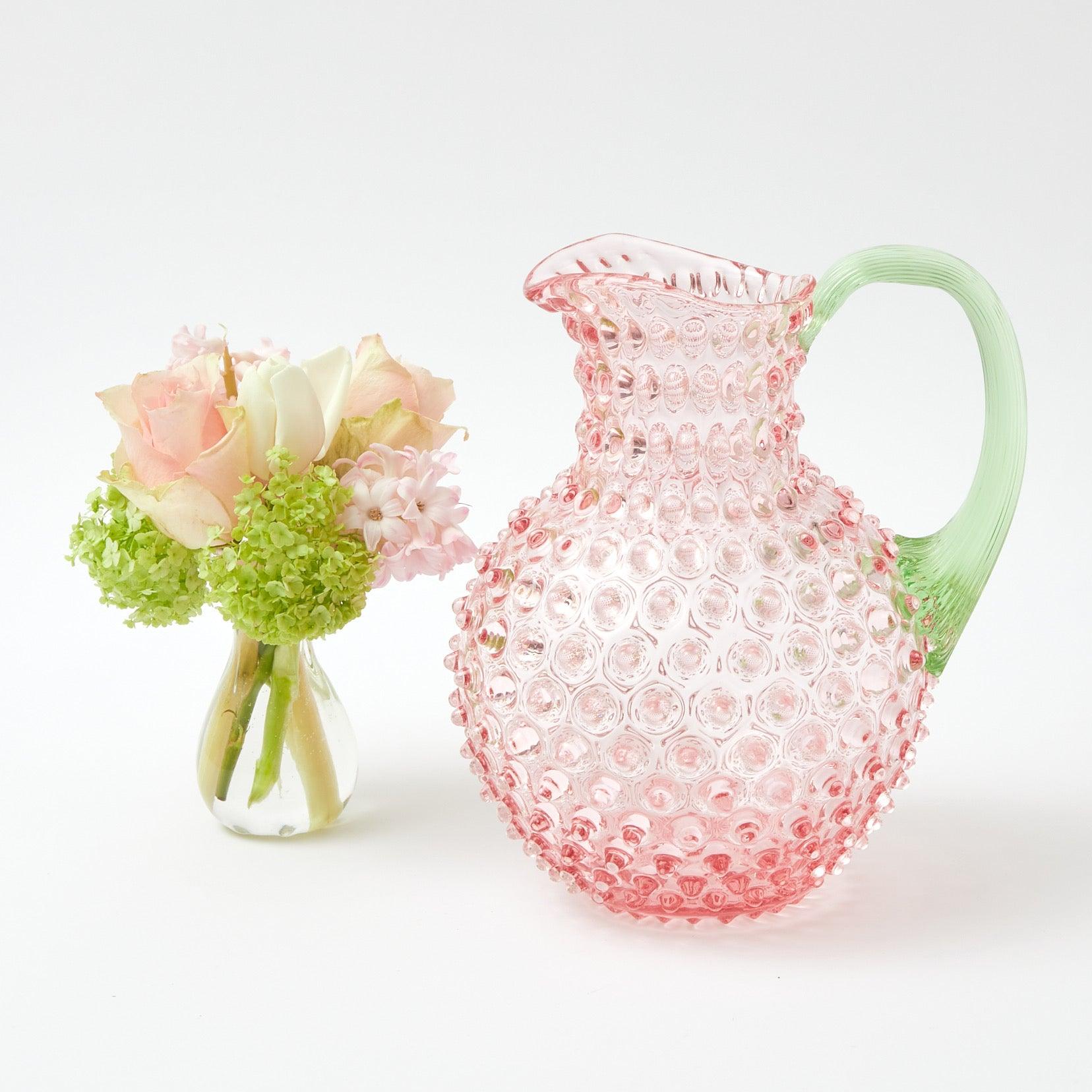 Rose Hobnail Jug with Emerald Handle & Glasses (Set of 6) - Mrs. Alice