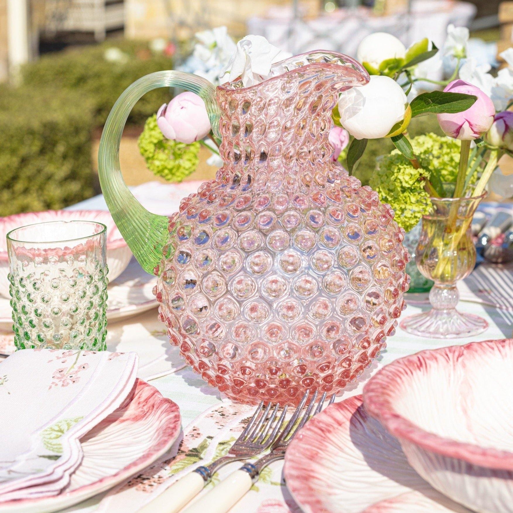 Rose Hobnail Jug with Emerald Handle & Glasses (Set of 6) - Mrs. Alice