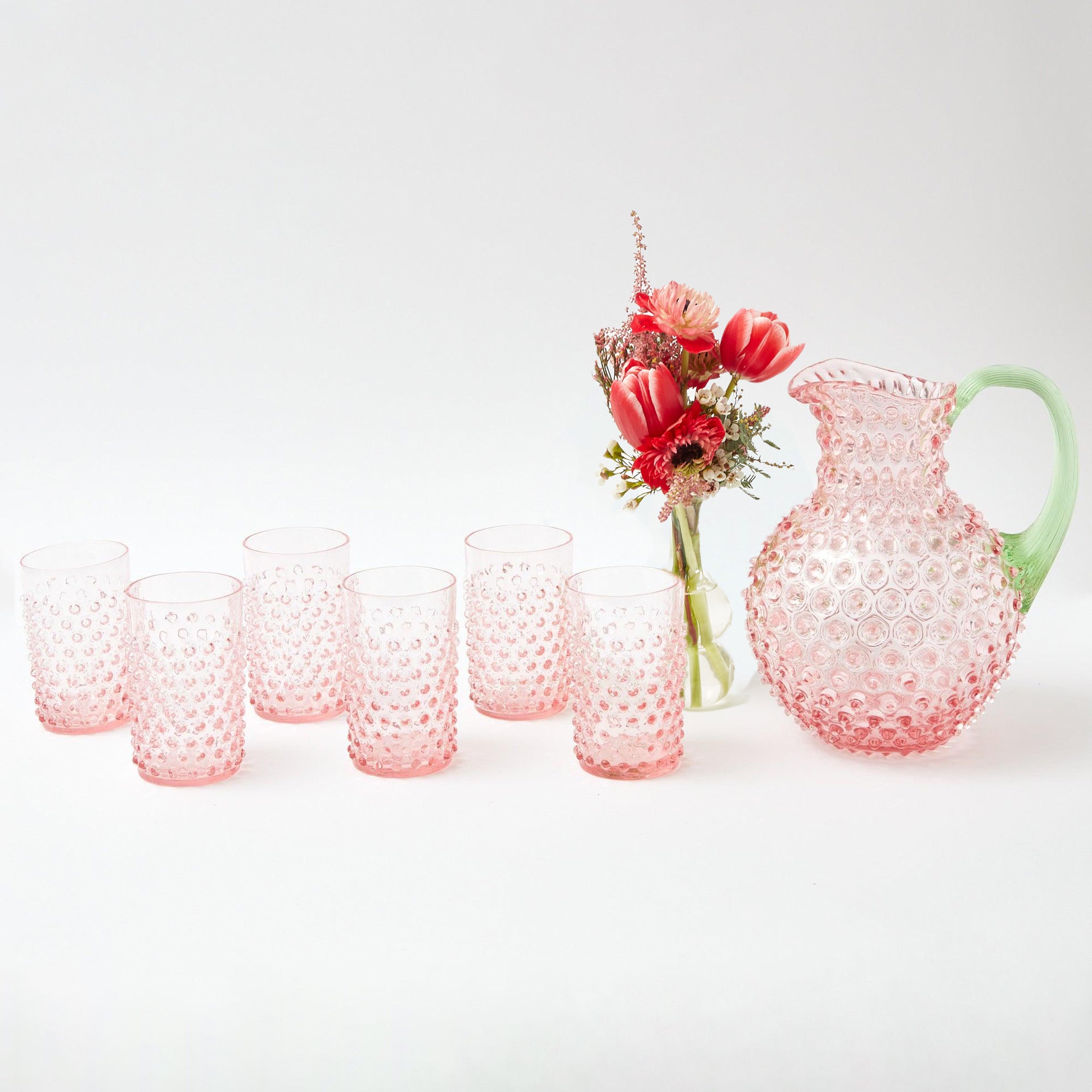 Rose Hobnail Jug with Emerald Handle & Glasses (Set of 6)