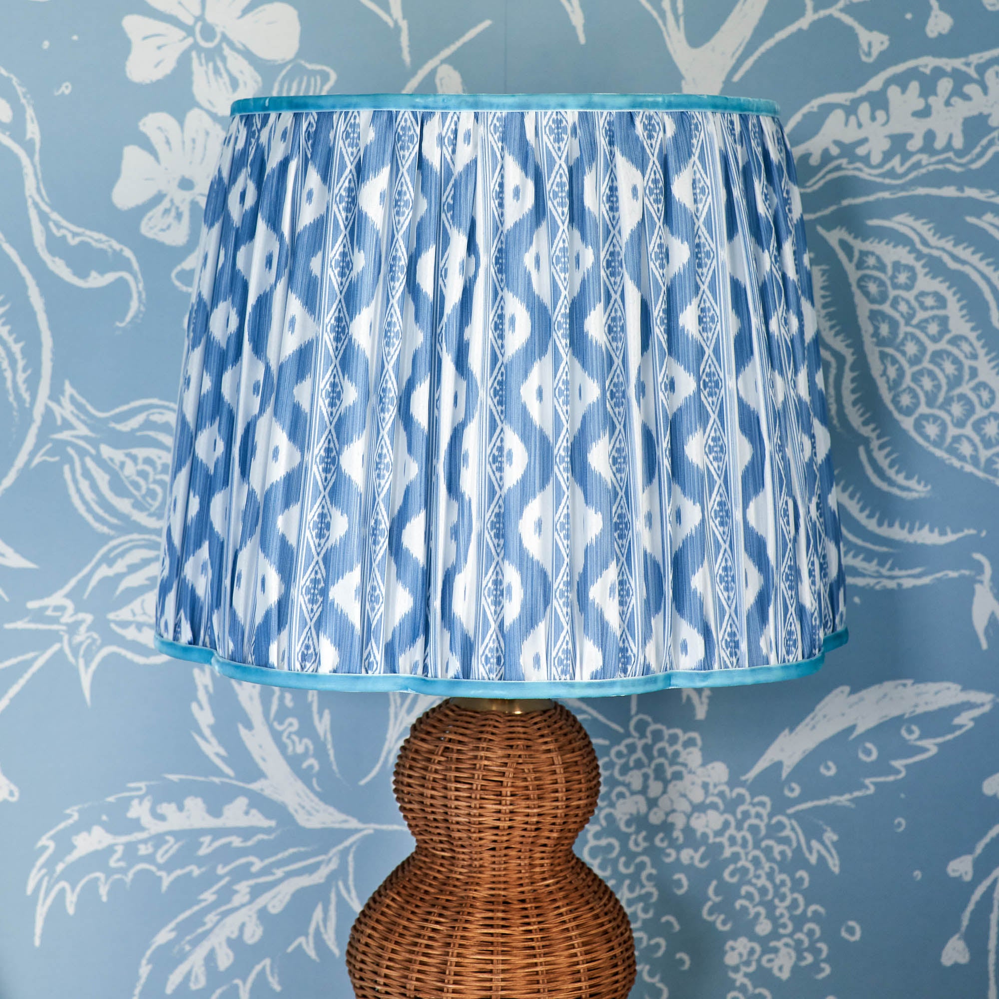 Rattan Brigitte Lamp with Blue Ikat Shade (40cm)