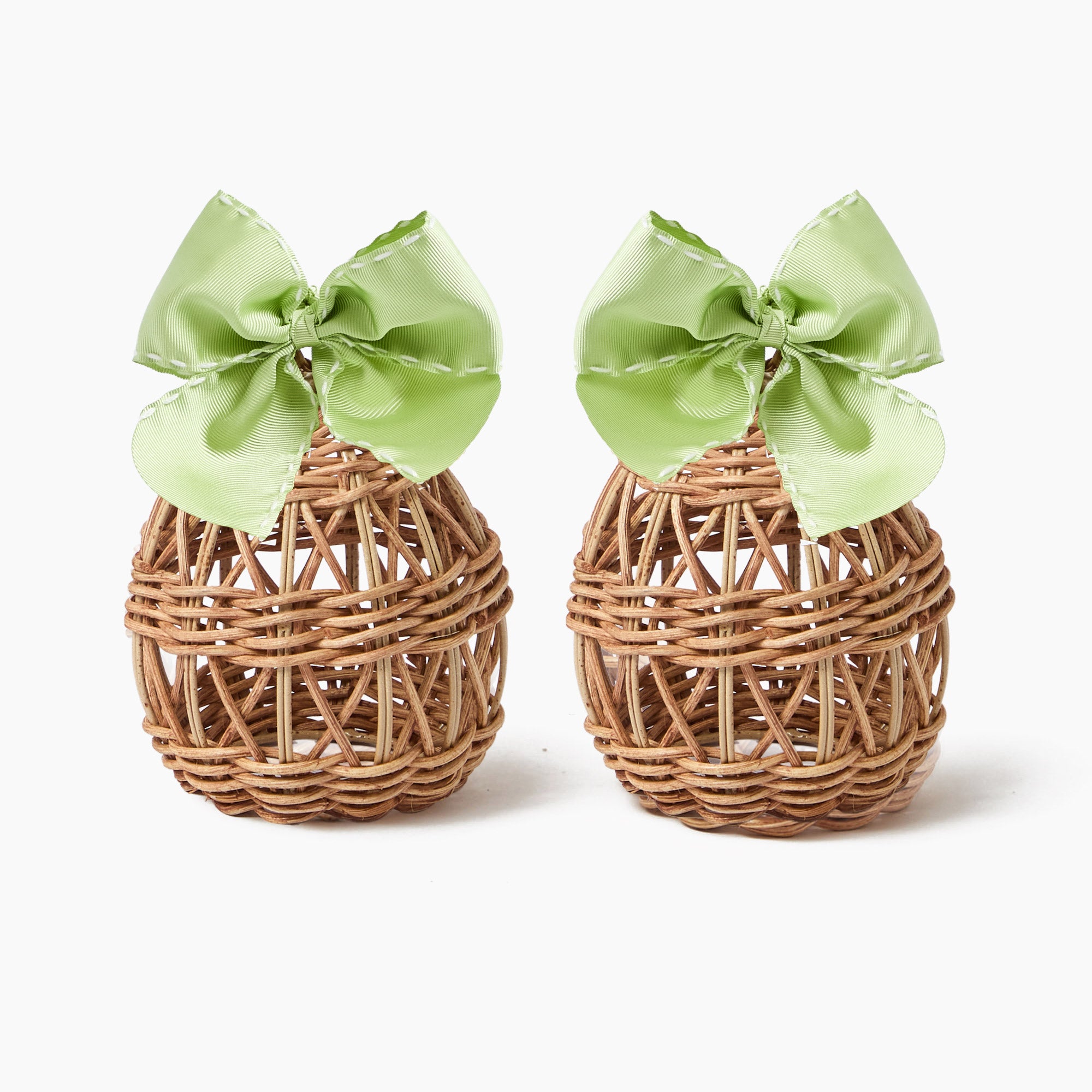 Small Rattan Woven Egg with Green Saddlestitch Bows (Pair)