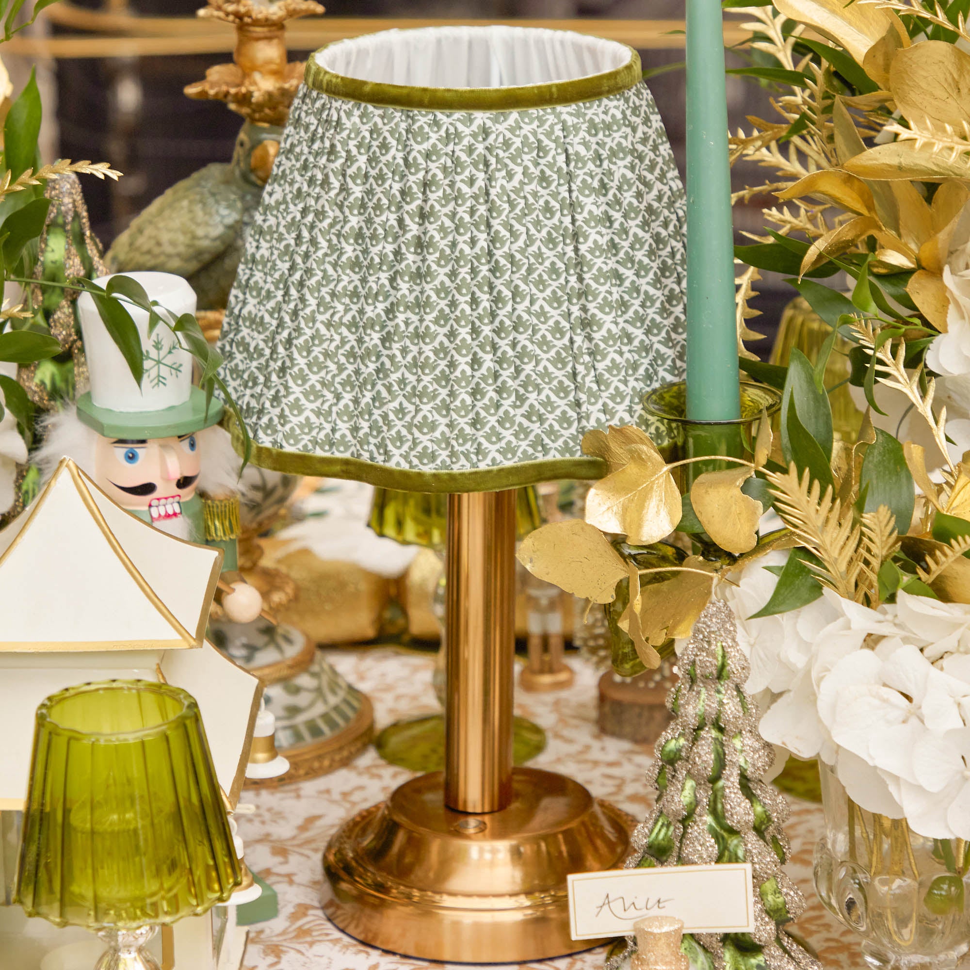 Corinthian Rechargeable Lamp with Olive Lotus Shade (22cm)