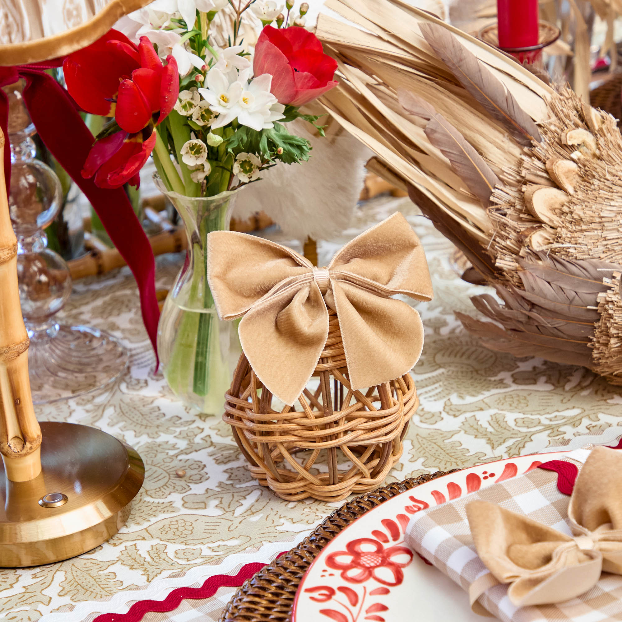 Small Rattan Woven Egg with Oat Bows (Pair)