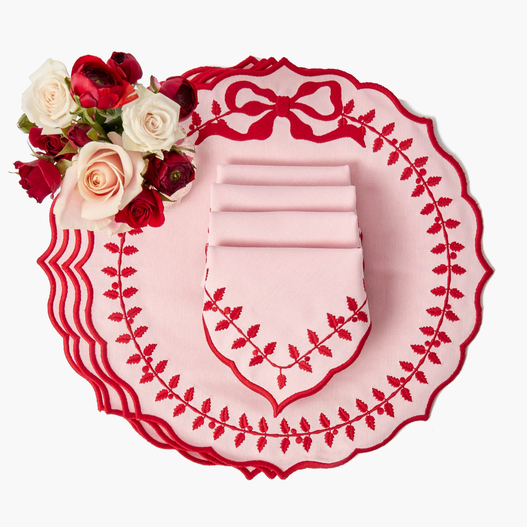 Pink & Red Bow Laurel Placemats & Napkins (Set of 4)