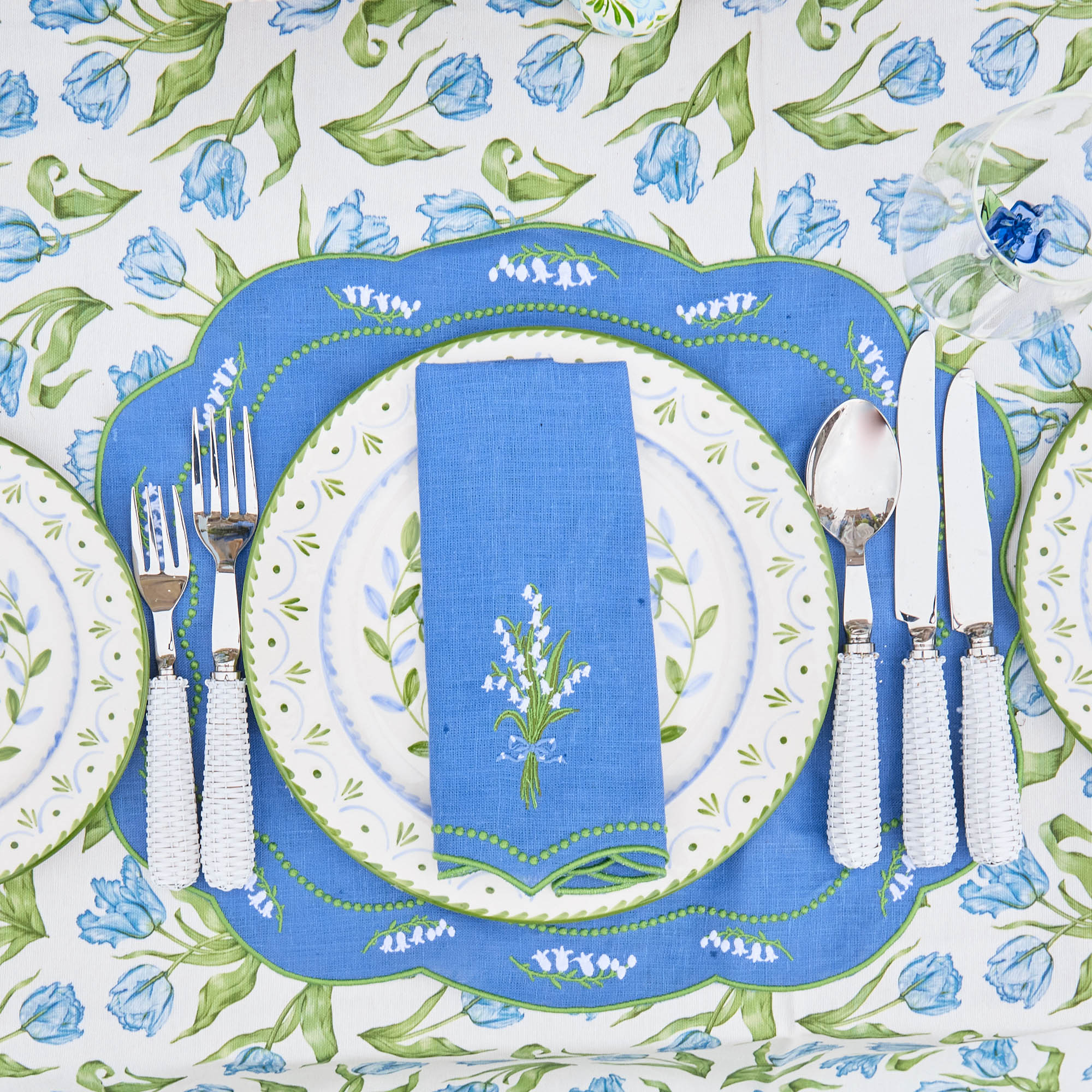 Lily of the Valley Blue Linen Placemats & Napkins (Set of 4)