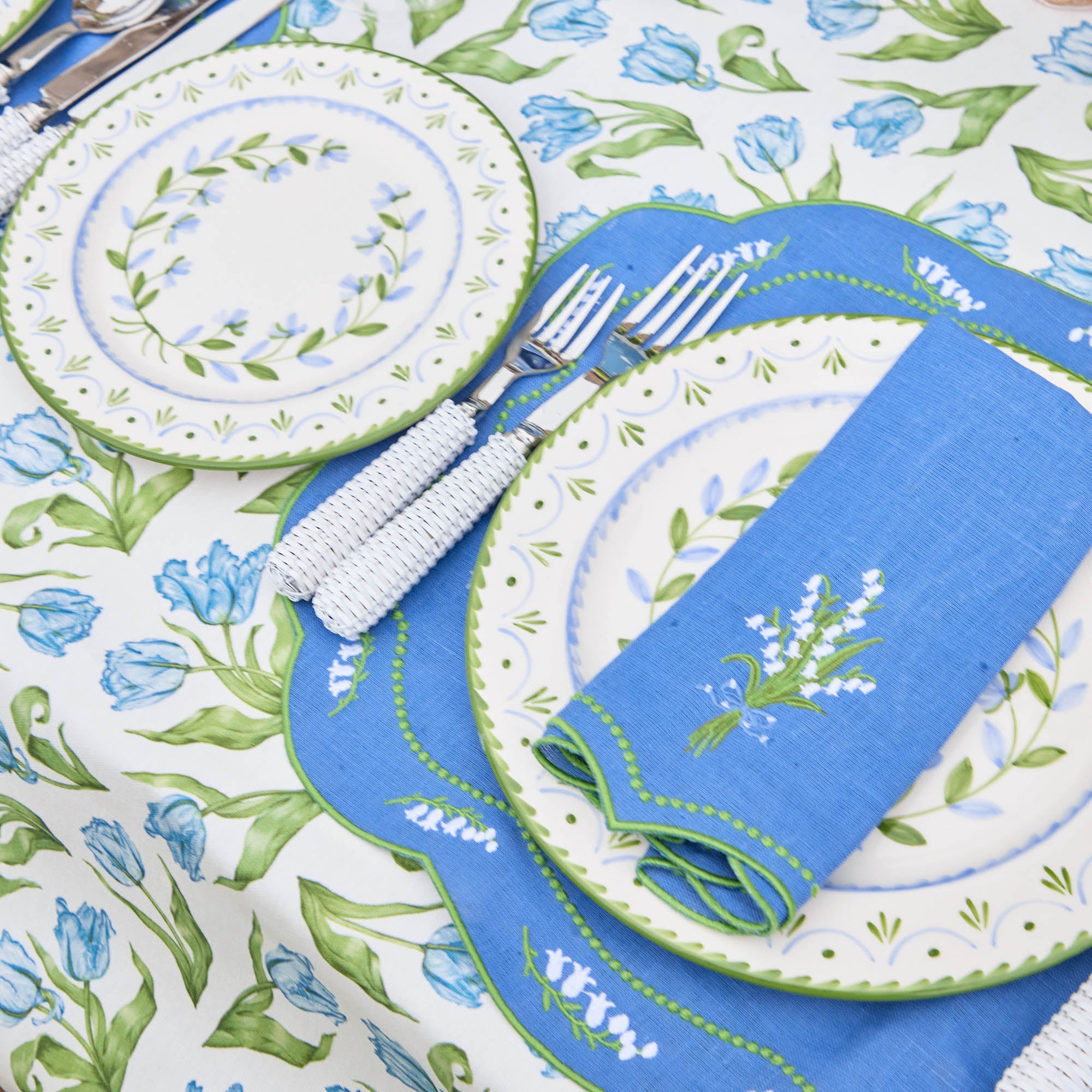 Lily of the Valley Blue Linen Placemats & Napkins (Set of 4)