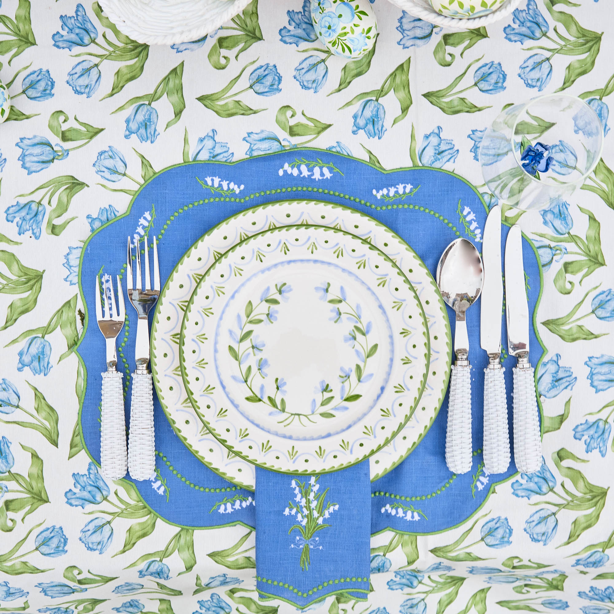 Lily of the Valley Blue Linen Placemats & Napkins (Set of 4)