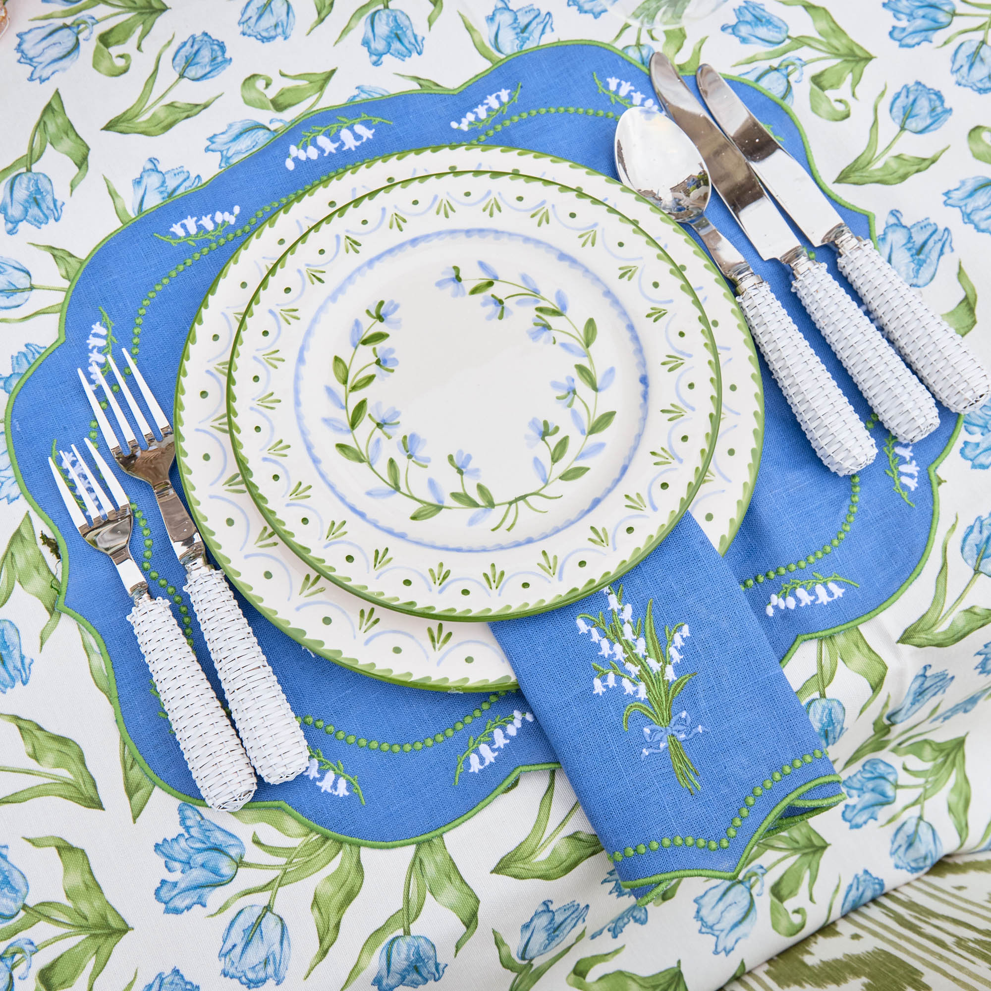 Lily of the Valley Blue Linen Placemats & Napkins (Set of 4)