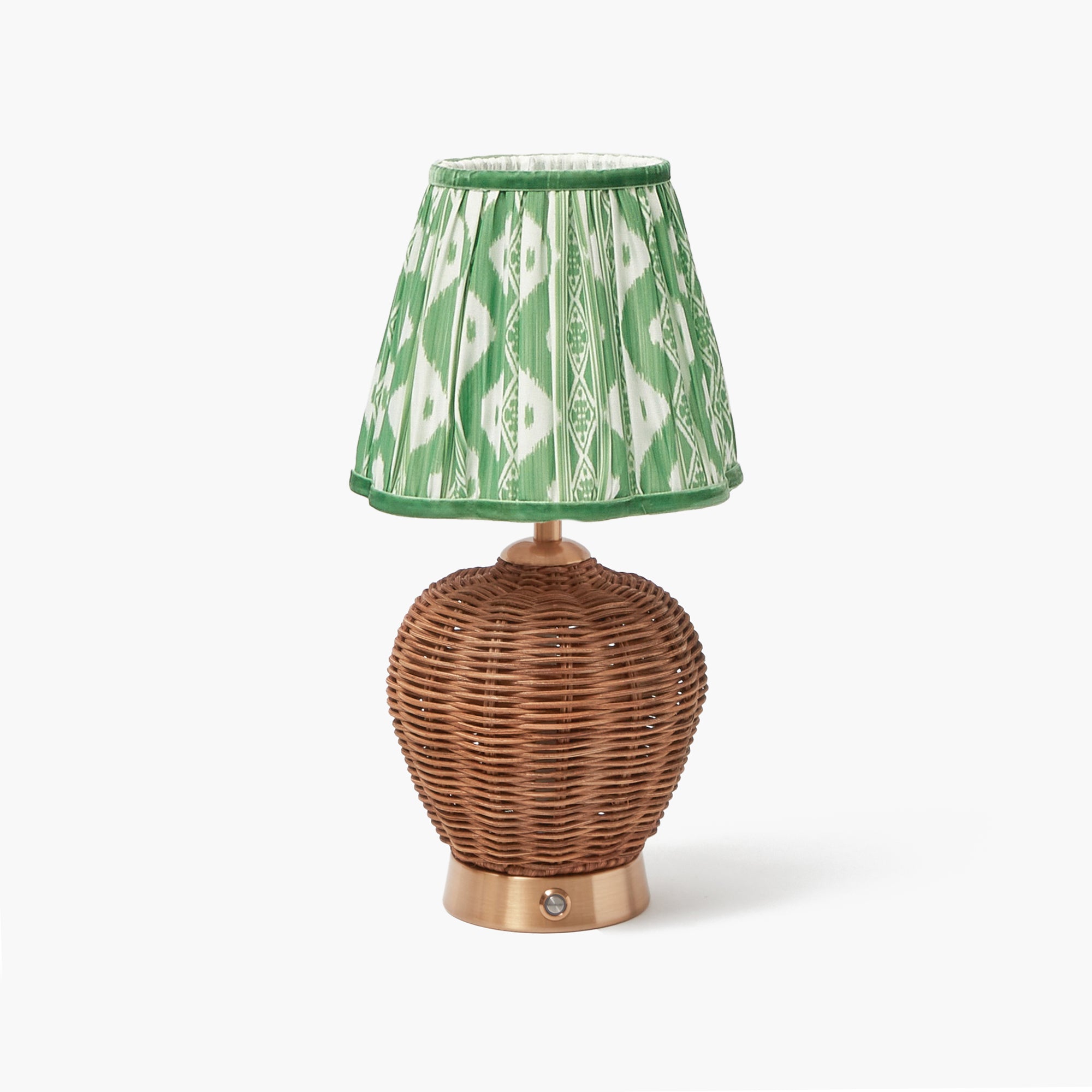 Rattan Ursula Rechargeable Lamp with Green Ikat Shade (18cm)