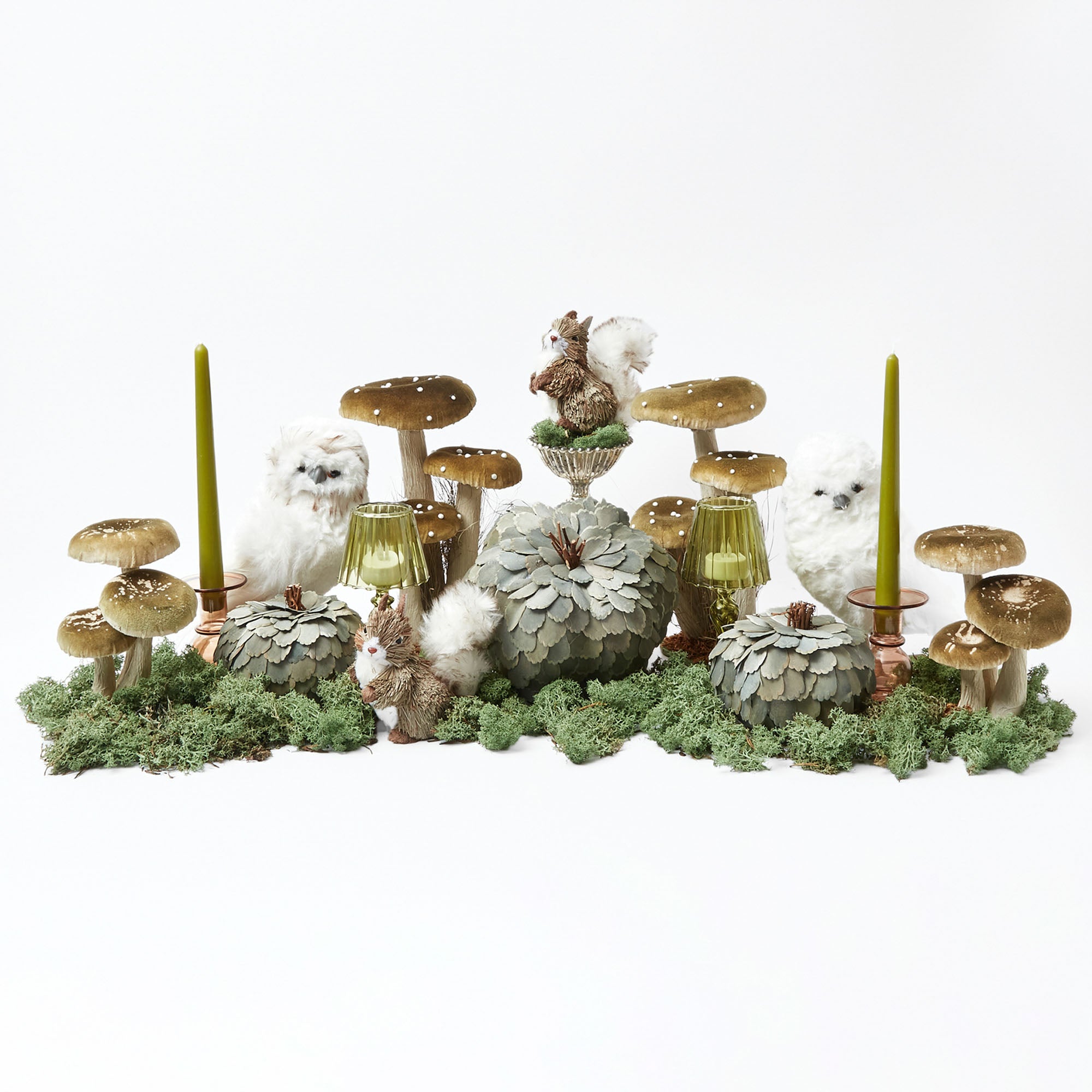 Elevate your decor with the Tall Green Velvet Mushroom Set, a sophisticated collection perfect for natural-inspired styling.