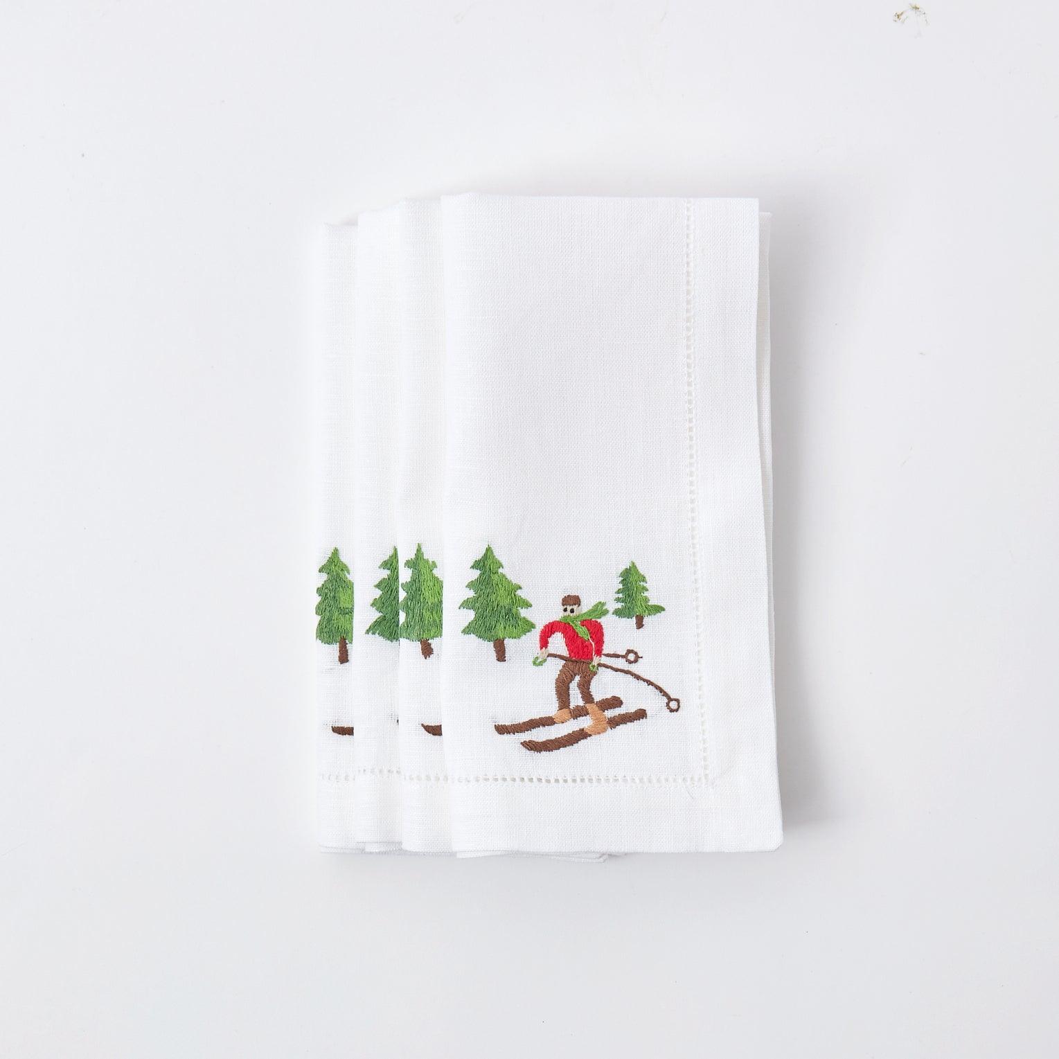 White Embroidered Skier Napkins (Set of 4) - Mrs. Alice